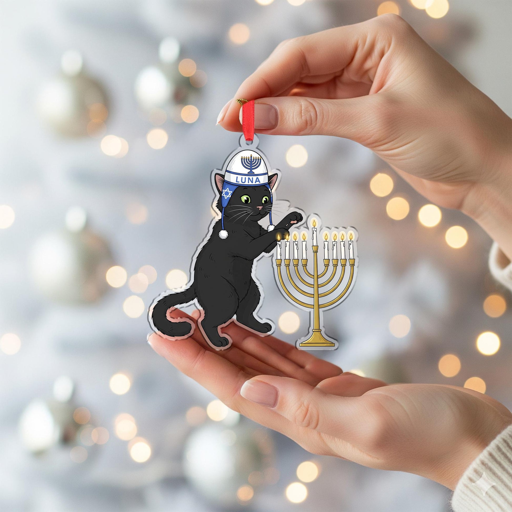Custom Cat Hanukkah Ornament: Black Cat with Menorah and Kippah Decoration