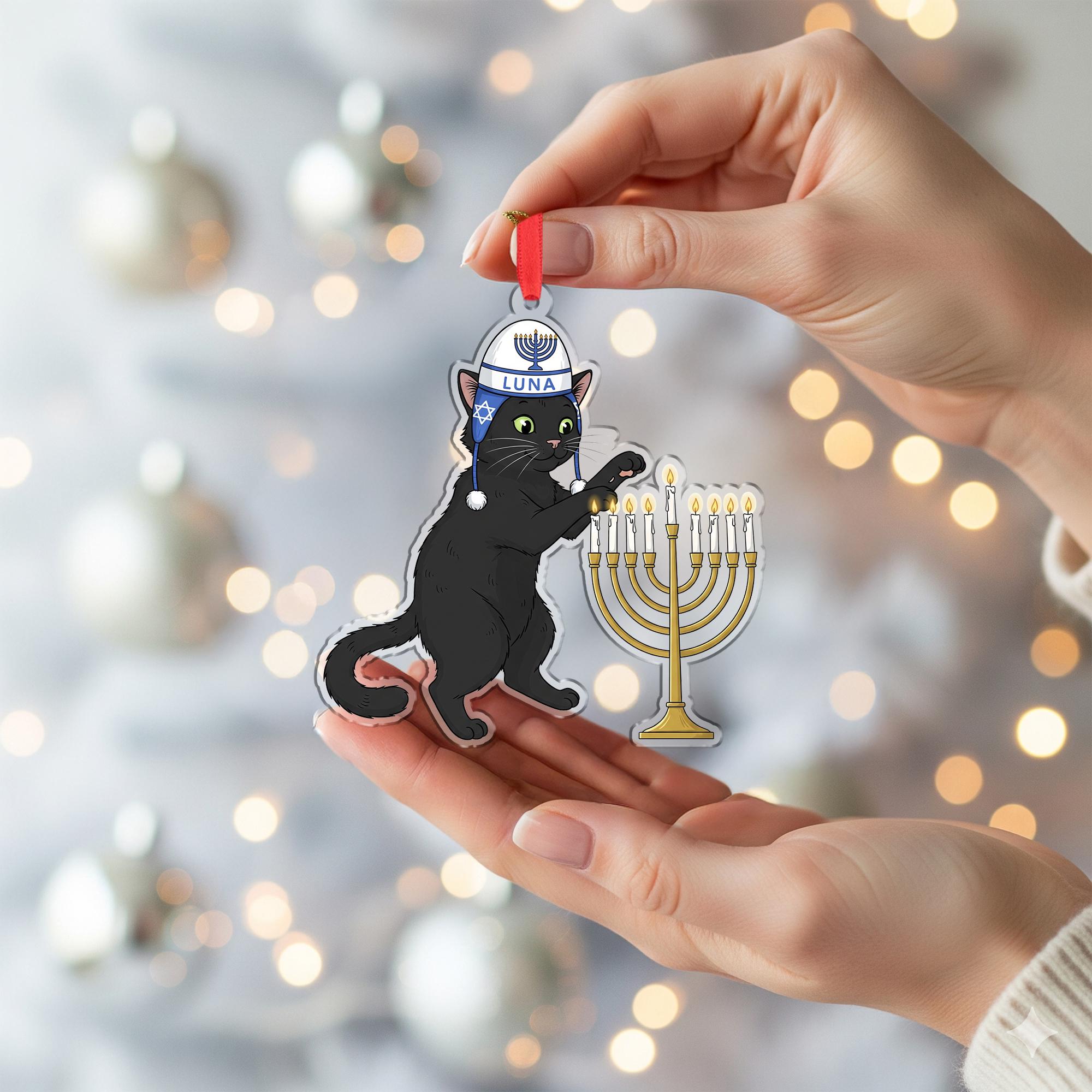 Custom Cat Hanukkah Ornament: Black Cat with Menorah and Kippah Decoration