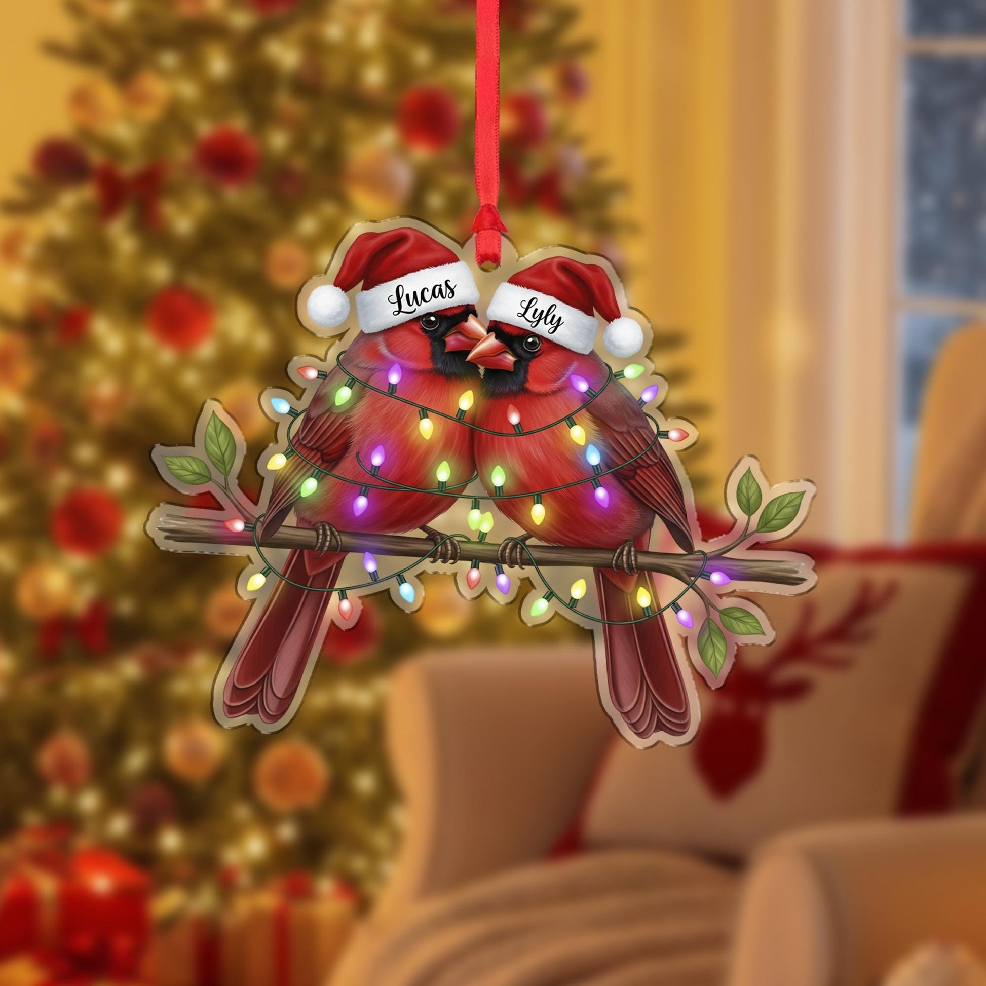 Personalized Couple Cardinal Ornament: Red Bird Christmas Decoration