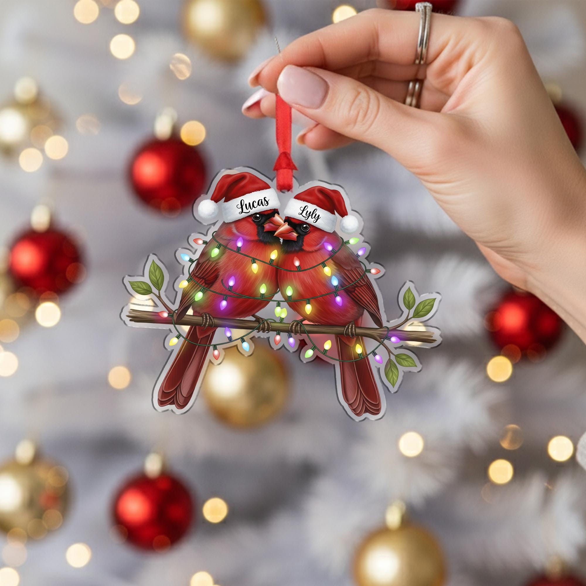 Personalized Couple Cardinal Ornament: Red Bird Christmas Decoration