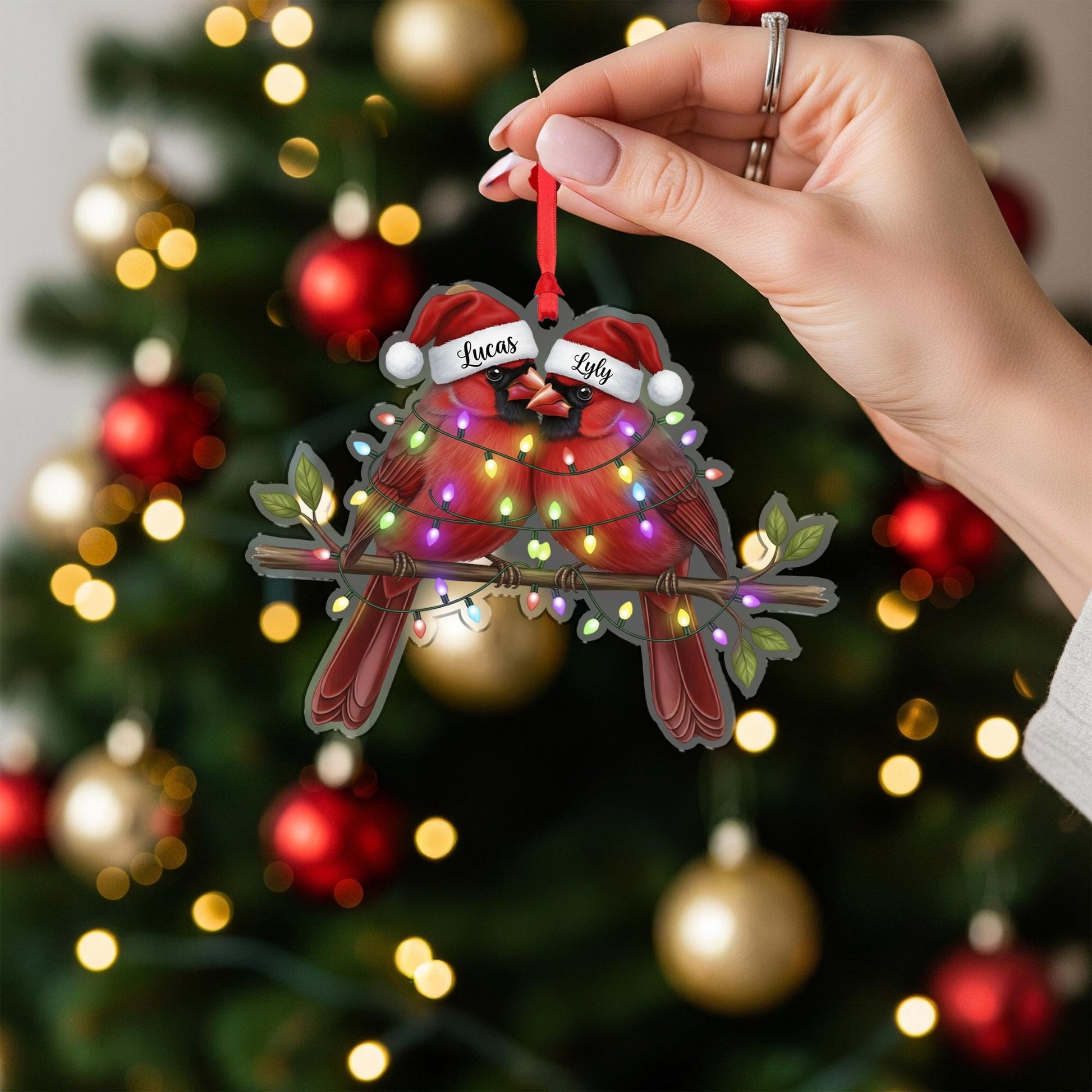 Personalized Couple Cardinal Ornament: Red Bird Christmas Decoration