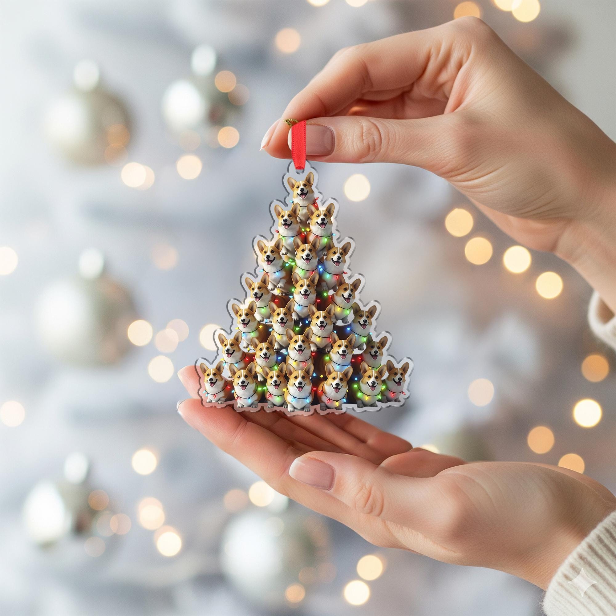 Corgi Christmas Tree Ornament with Lights: Double-Sided Dog Faces