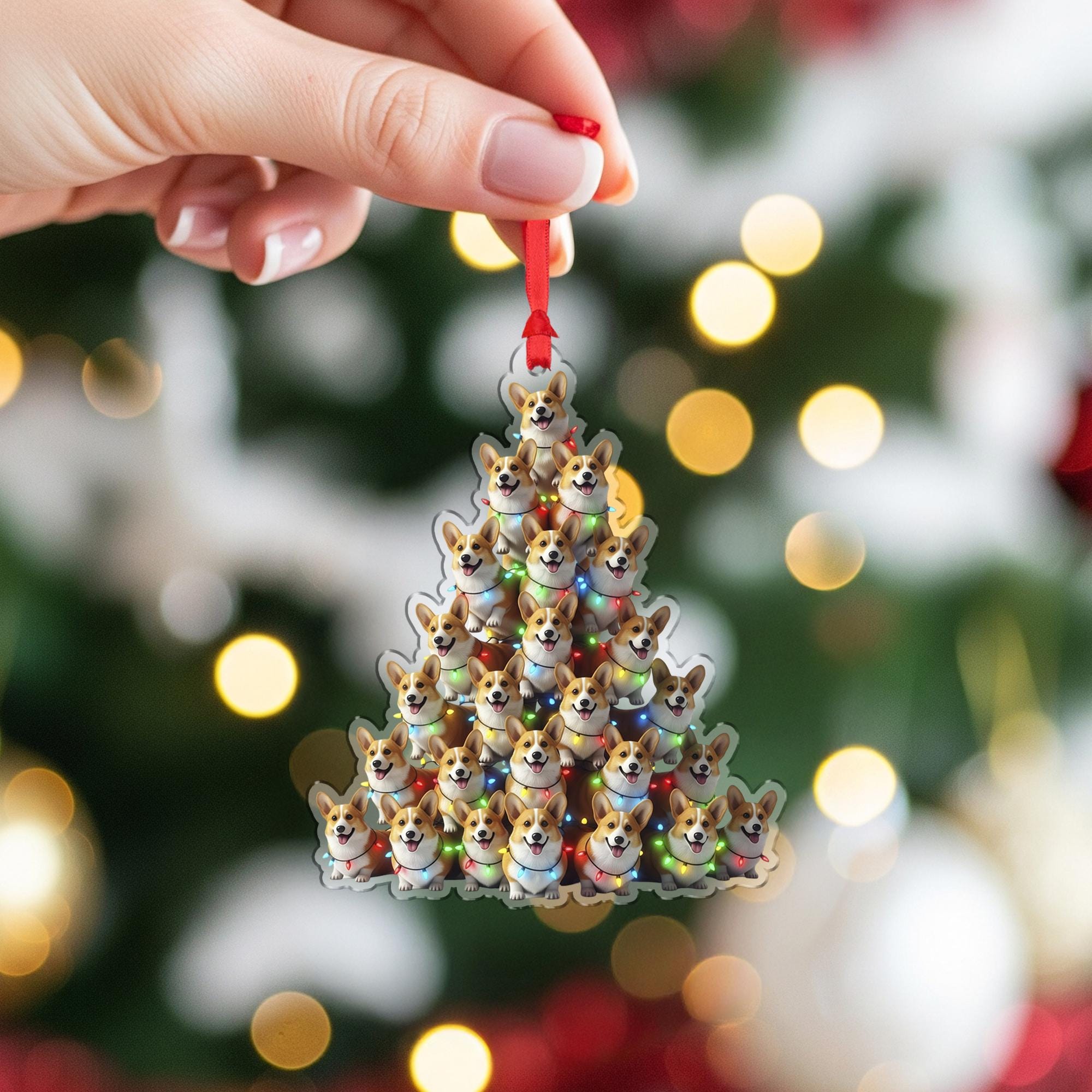 Corgi Christmas Tree Ornament with Lights: Double-Sided Dog Faces