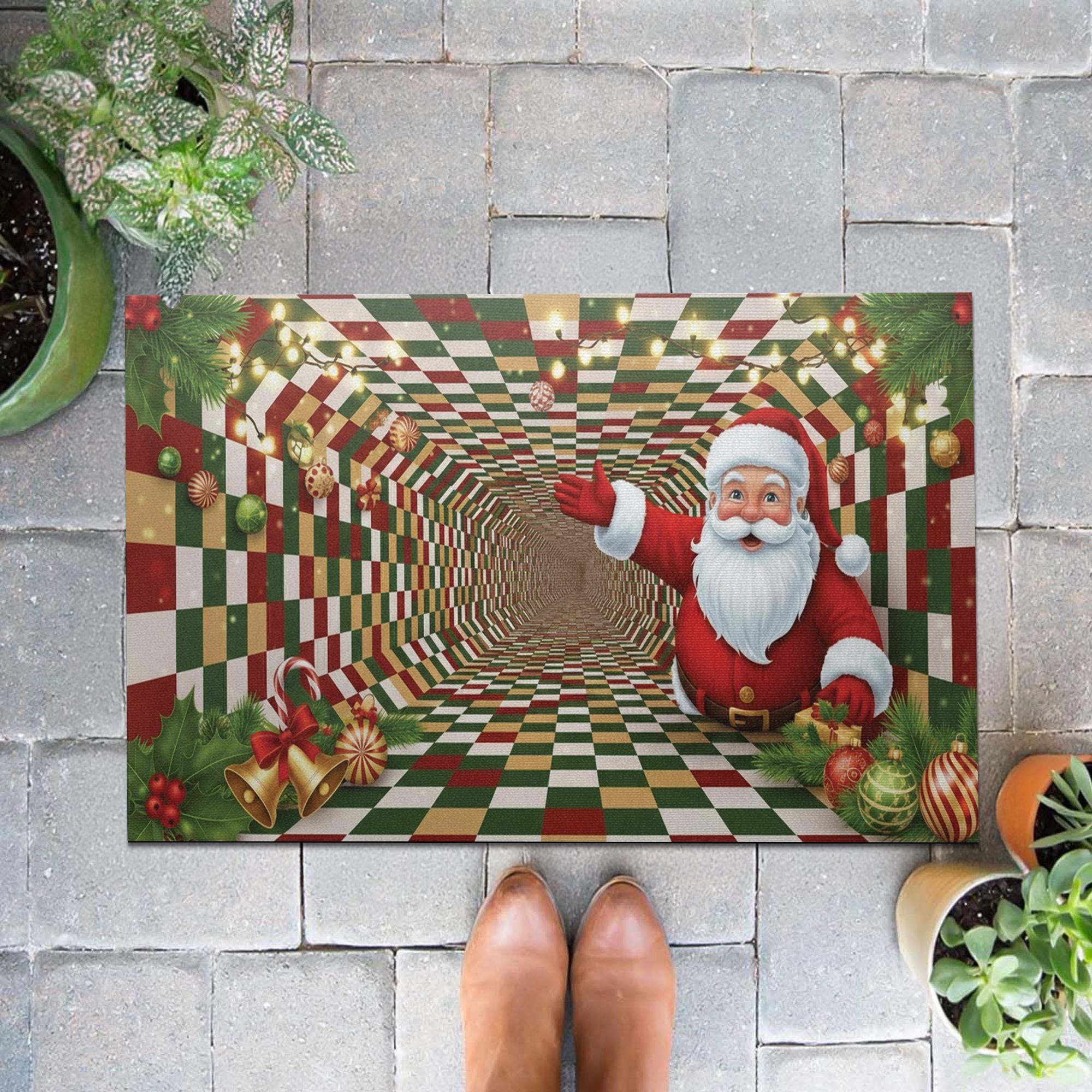 Christmas Santa Doormat: 3D Illusion Checkerboard Entry Rug with Holiday Ornaments