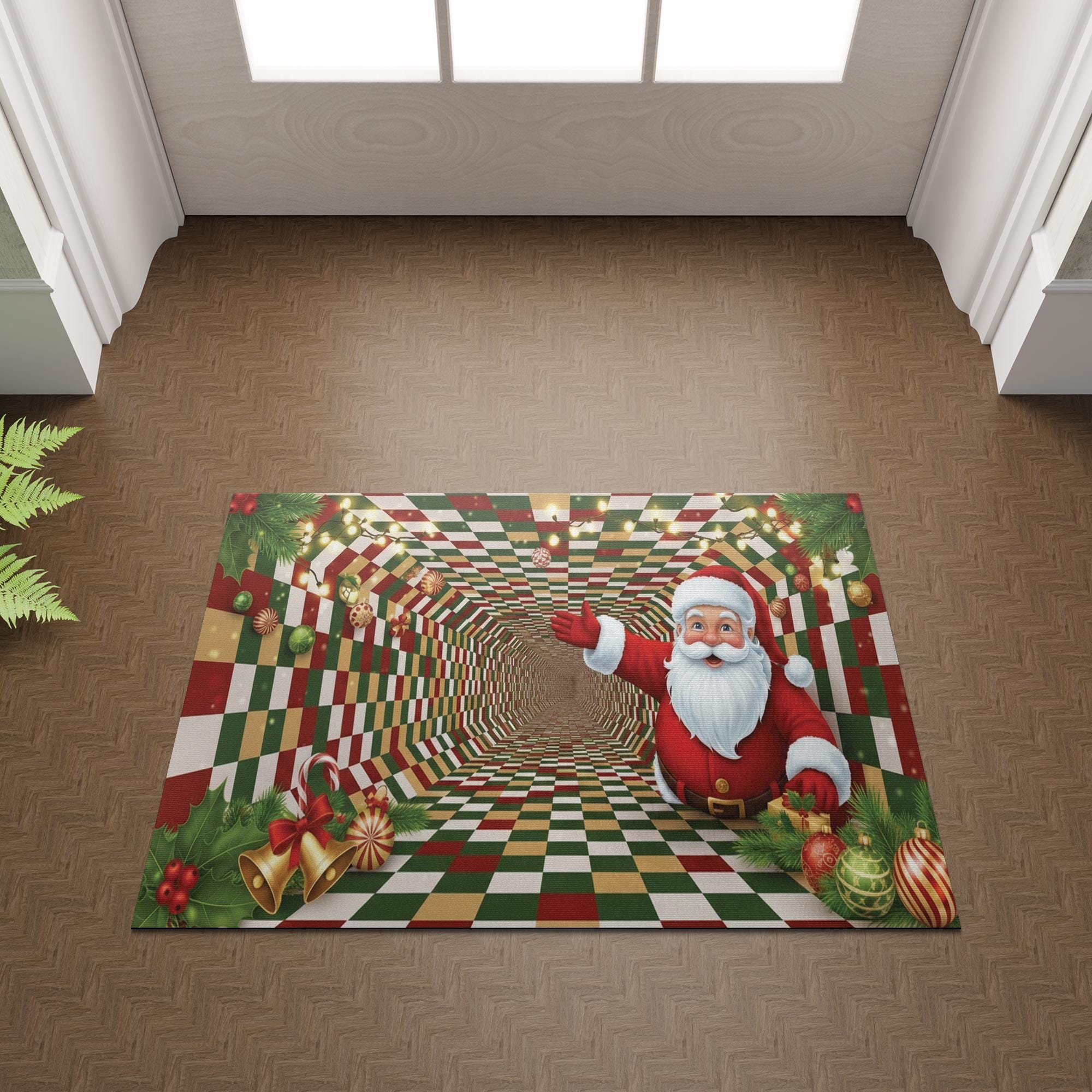 Christmas Santa Doormat: 3D Illusion Checkerboard Entry Rug with Holiday Ornaments