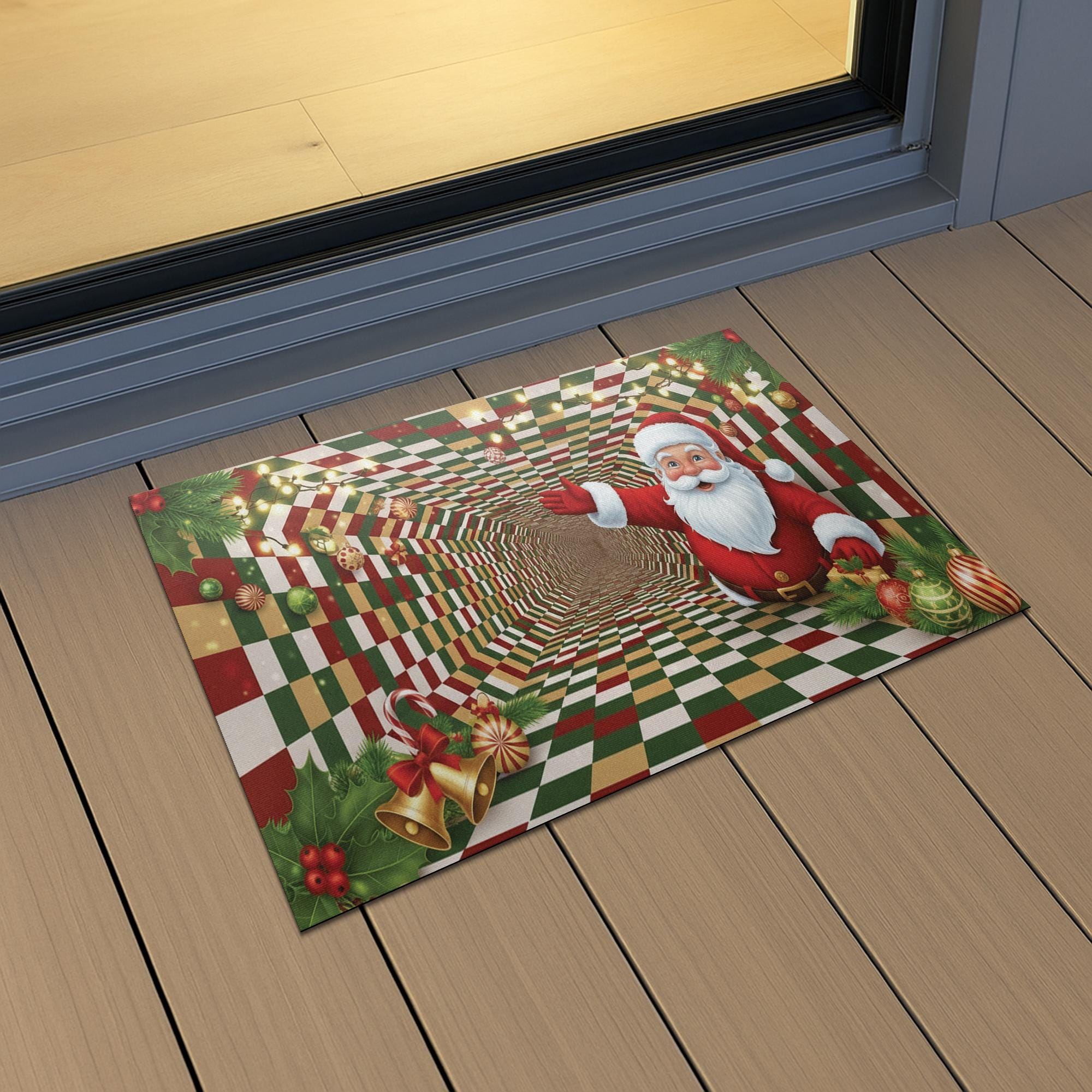 Christmas Santa Doormat: 3D Illusion Checkerboard Entry Rug with Holiday Ornaments