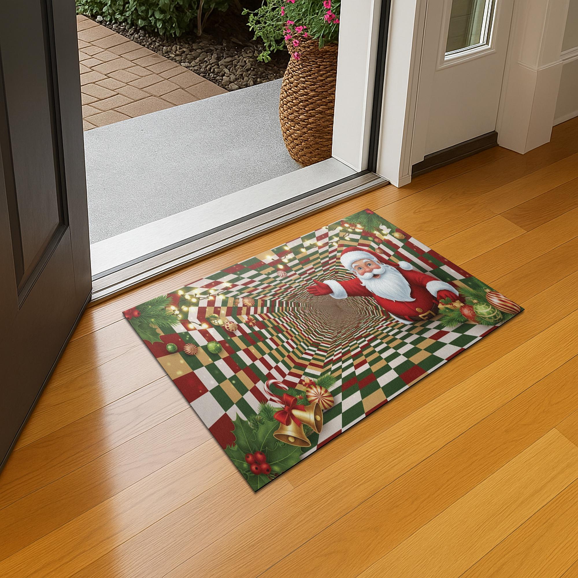 Christmas Santa Doormat: 3D Illusion Checkerboard Entry Rug with Holiday Ornaments