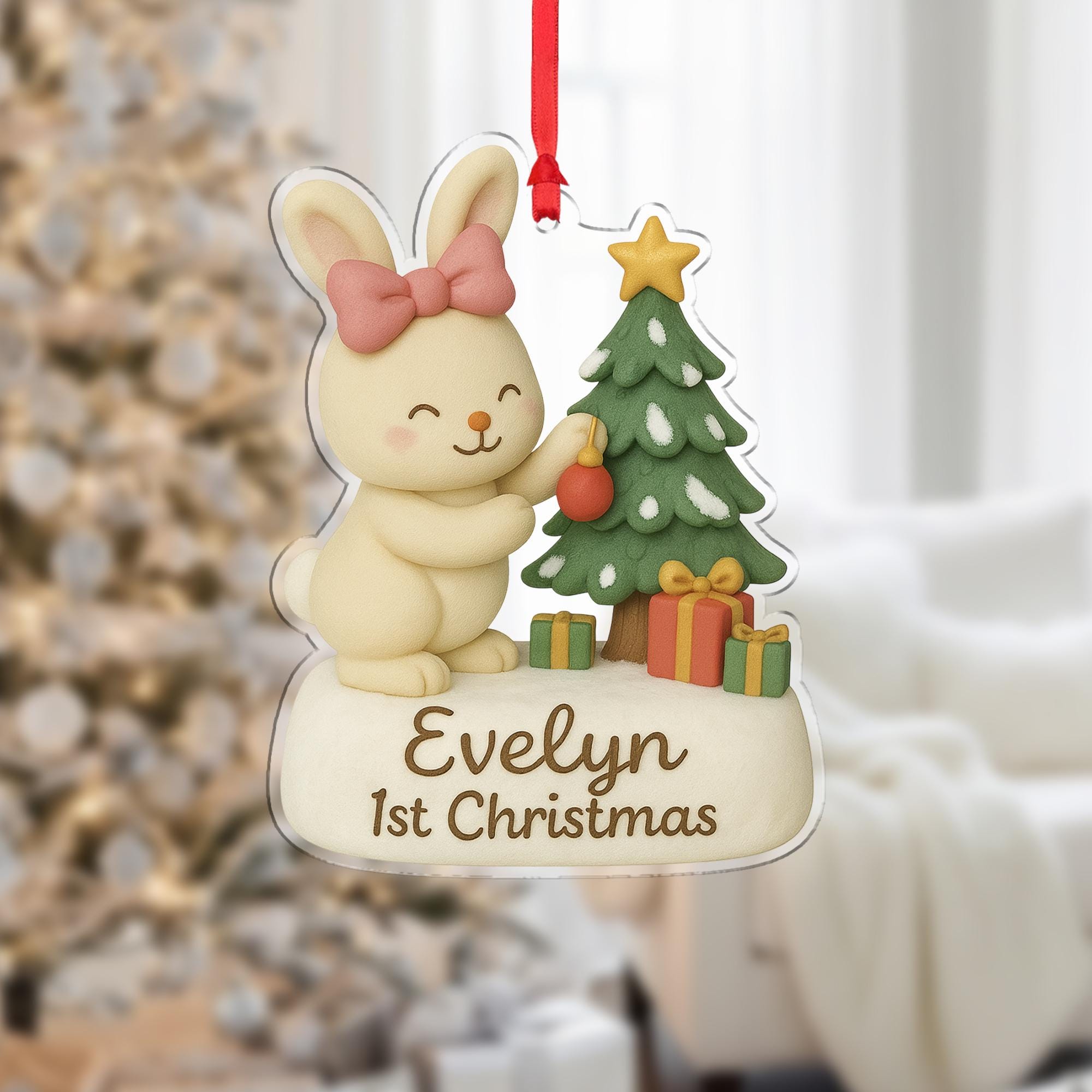 Personalized Baby’s First Christmas Ornament – Bunny with Tree and Gifts Holiday Decoration