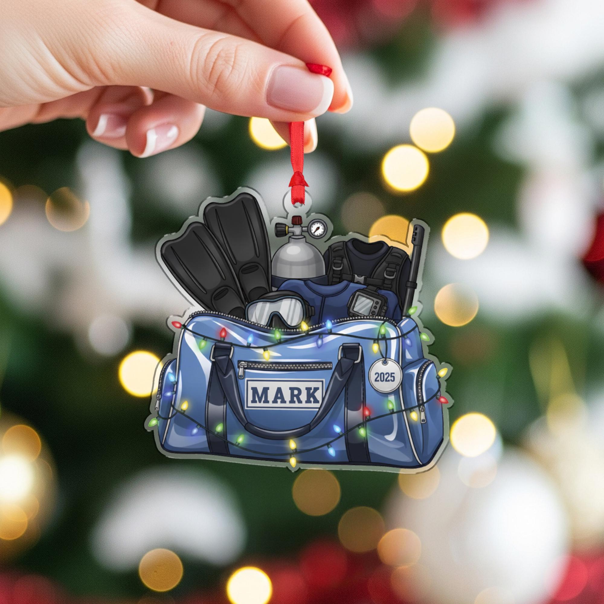 Personalized Scuba Diving Ornament – Holiday Tree Decoration with Gear Bag, Fins, and Tank Design