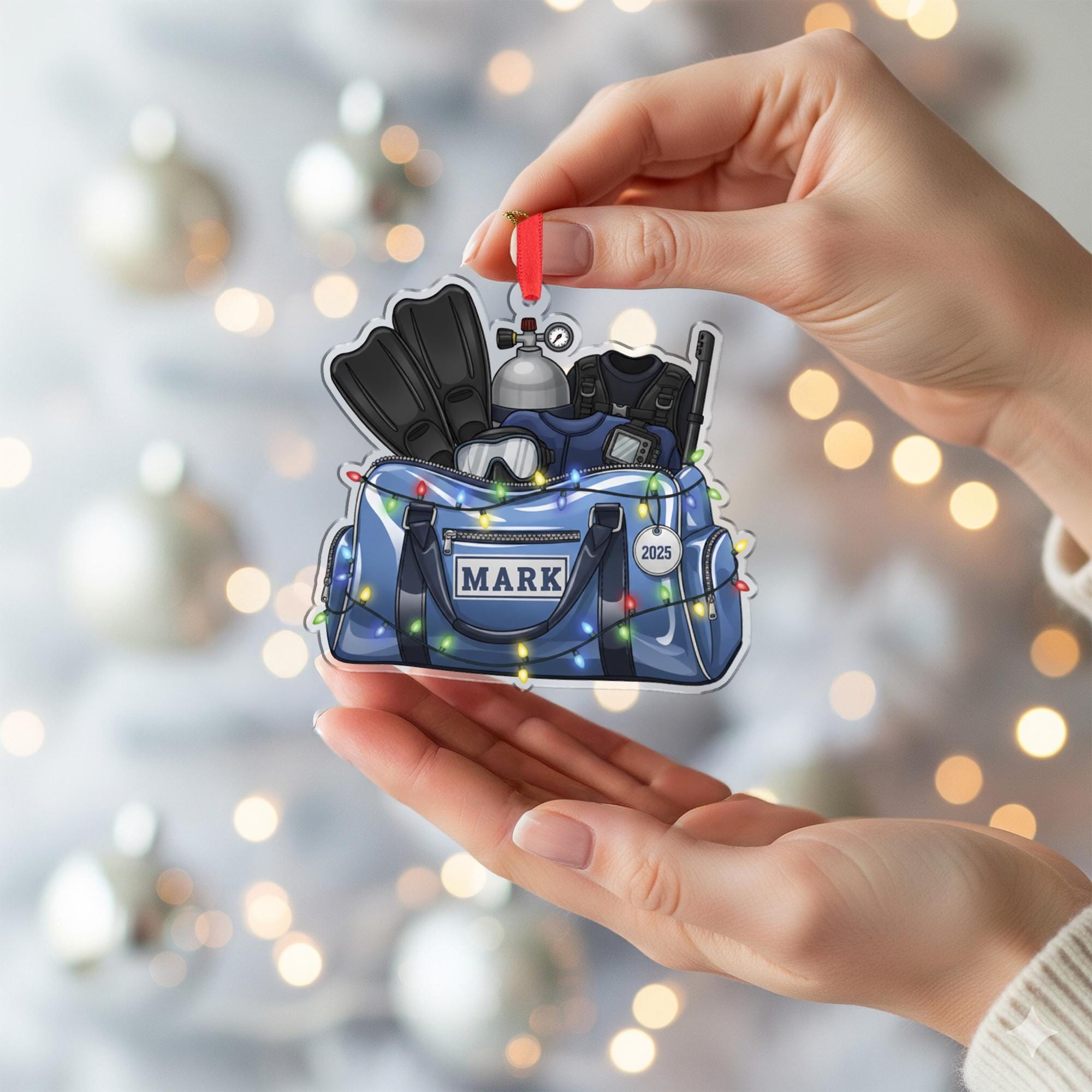 Personalized Scuba Diving Ornament – Holiday Tree Decoration with Gear Bag, Fins, and Tank Design