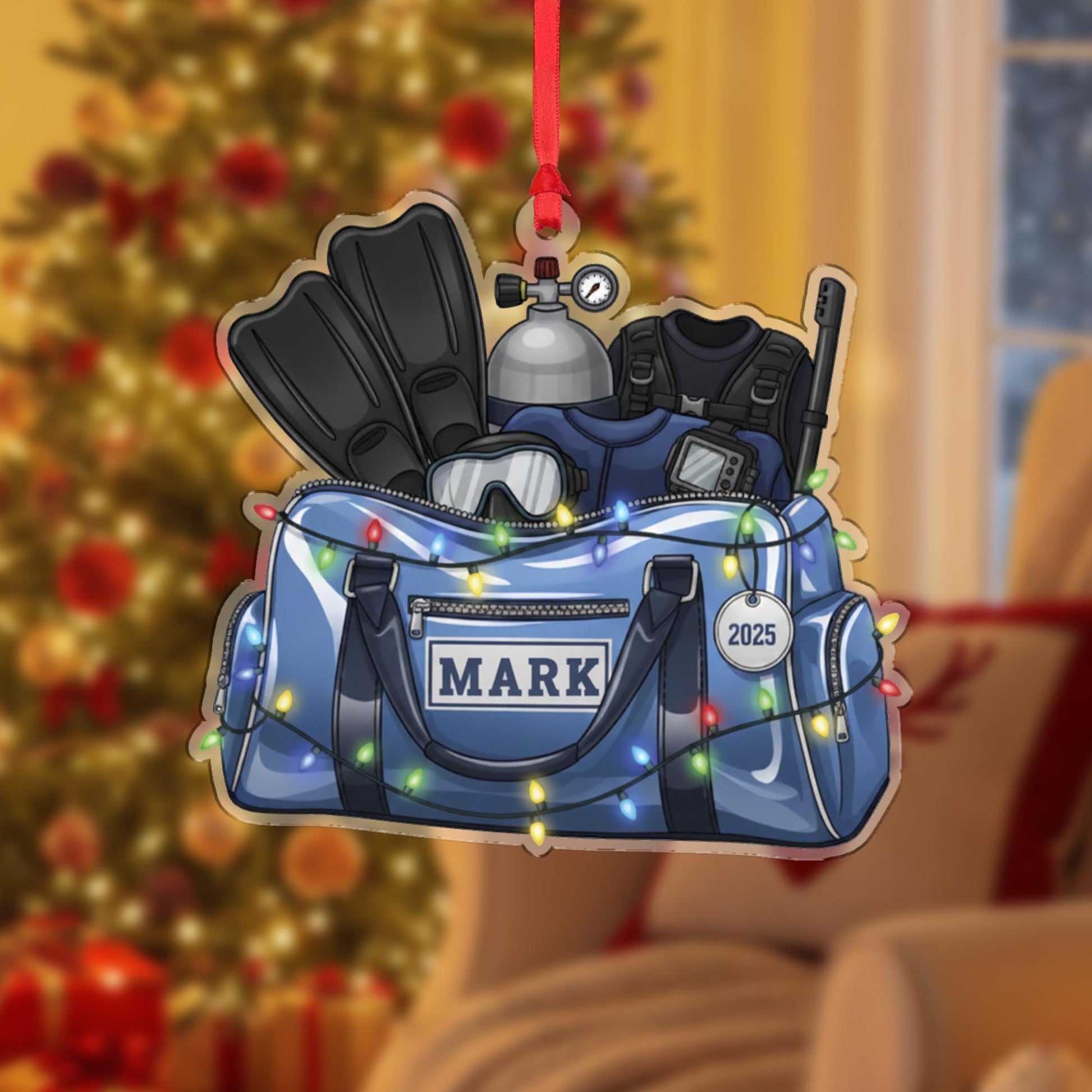 Personalized Scuba Diving Ornament – Holiday Tree Decoration with Gear Bag, Fins, and Tank Design