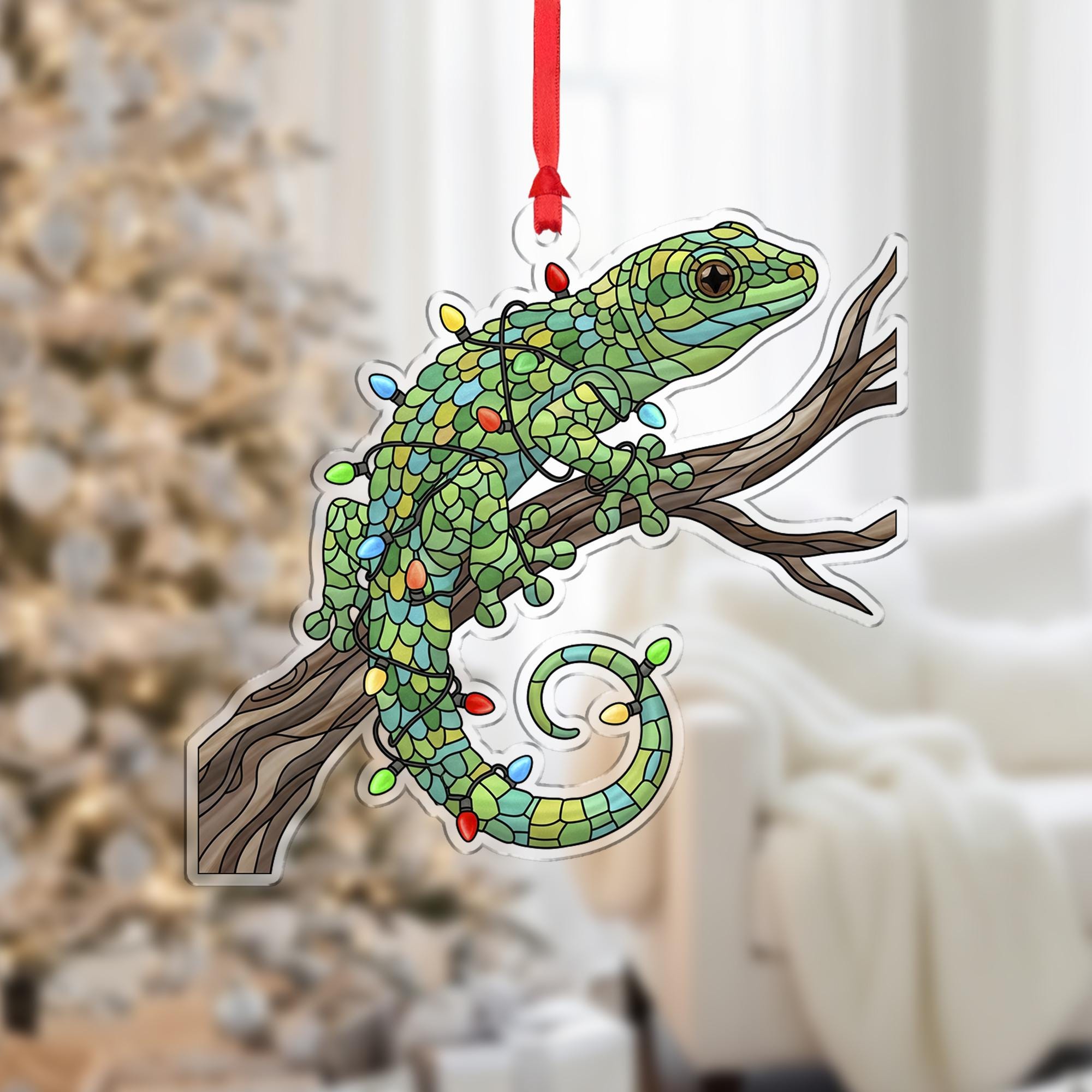 Christmas Ornament – Holiday Tree Decoration with Gecko Lizard on Branch and Lights Design