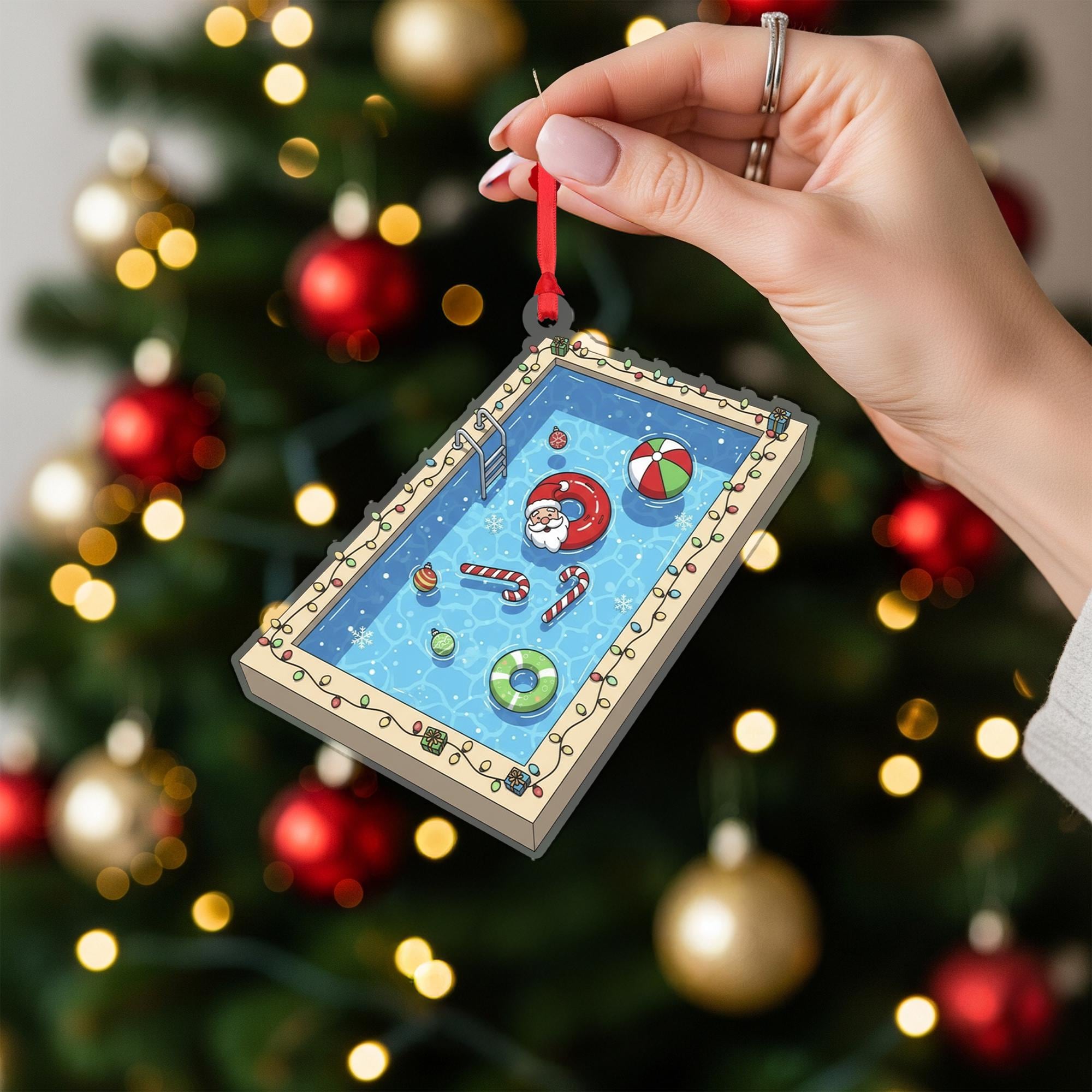 Christmas Ornament – Holiday Tree Decoration with Santa in Swimming Pool and Candy Cane Floats