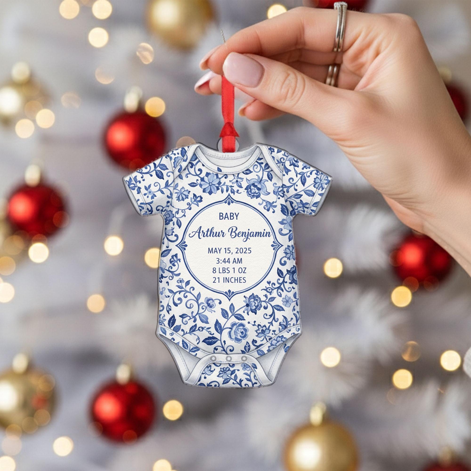 Personalized Baby Onesie Ornament, Birth Stats Keepsake, Floral Design Christmas Tree Decoration