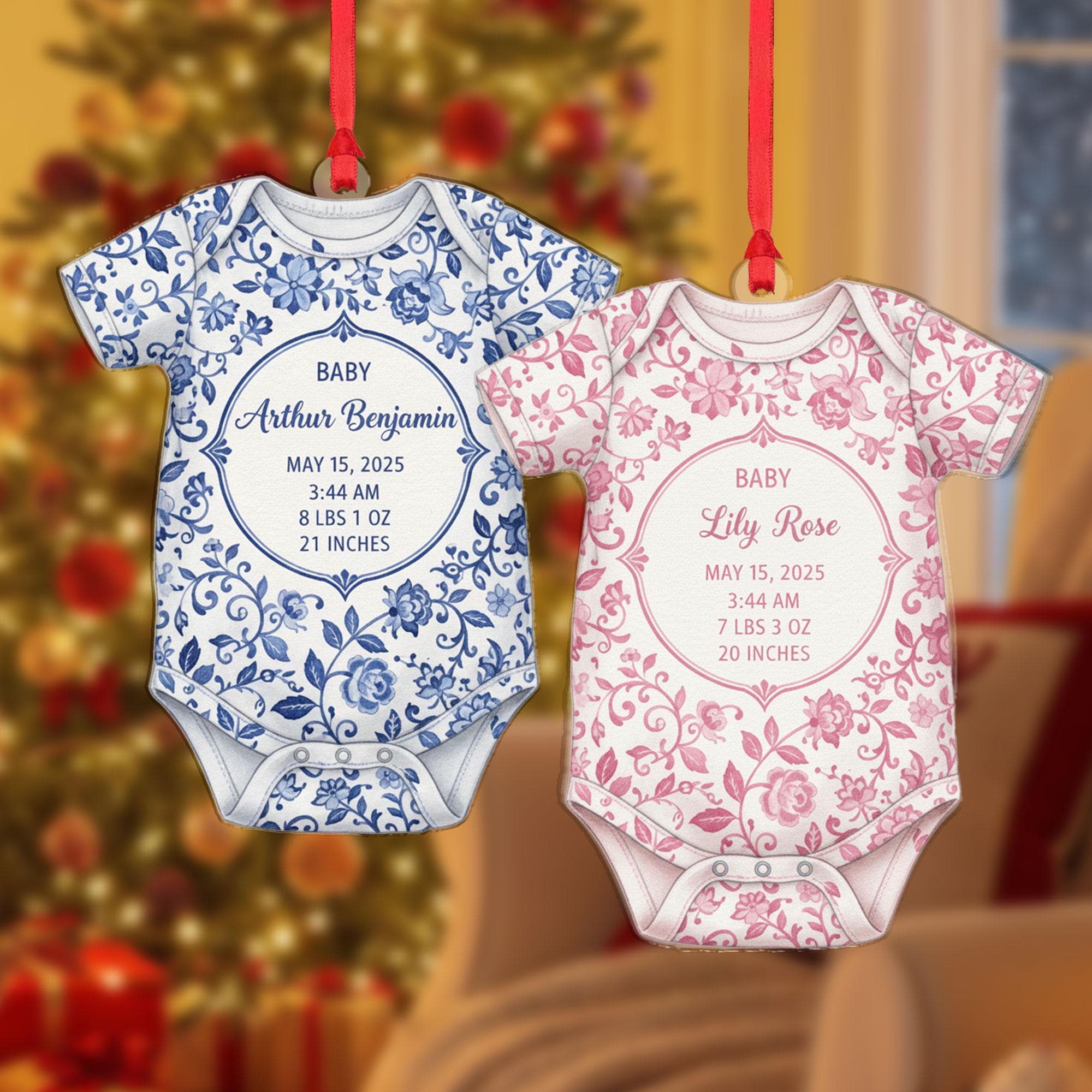 Personalized Baby Onesie Ornament, Birth Stats Keepsake, Floral Design Christmas Tree Decoration