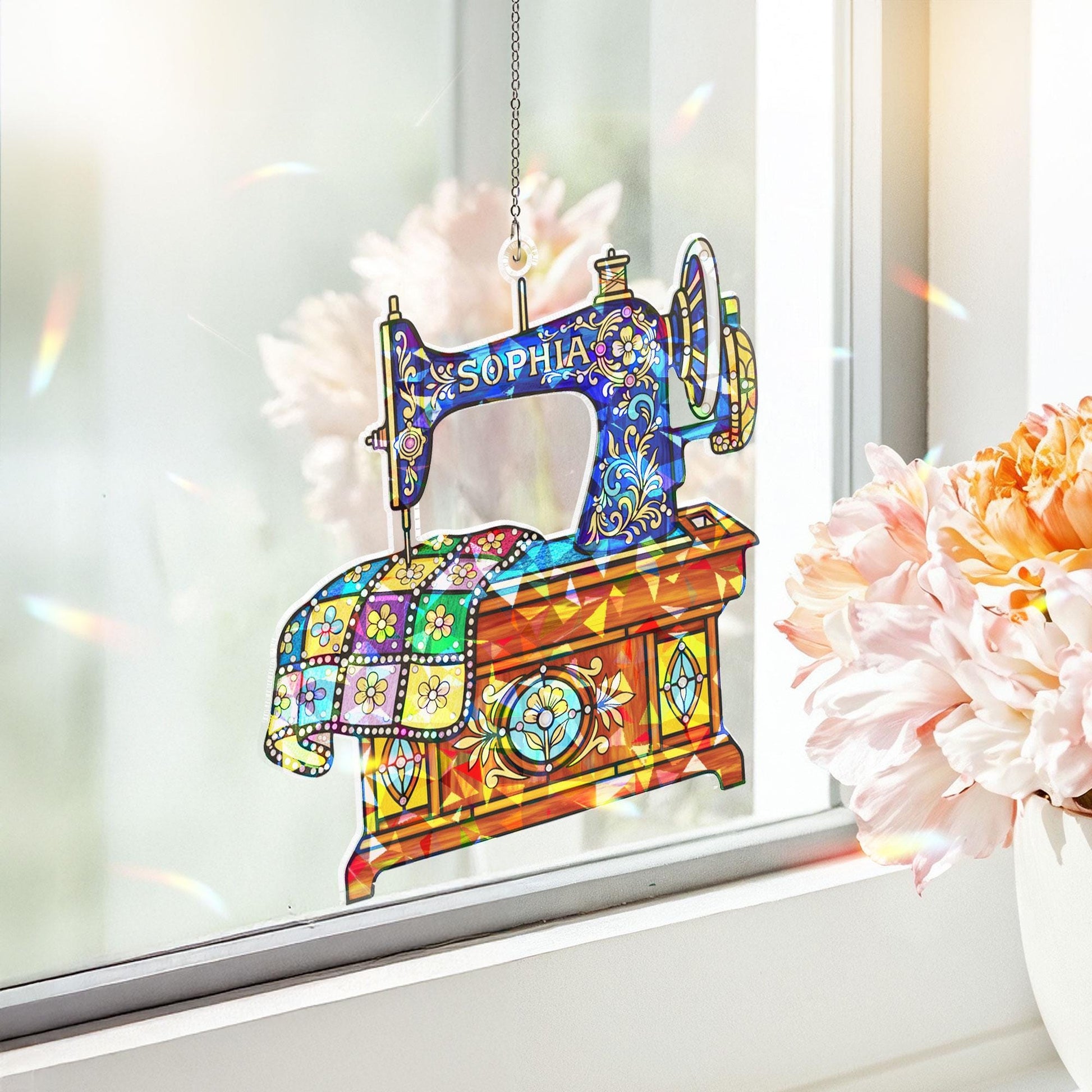 Personalized Sewing Machine Ornament: Custom Quilt Design Hanging Decoration