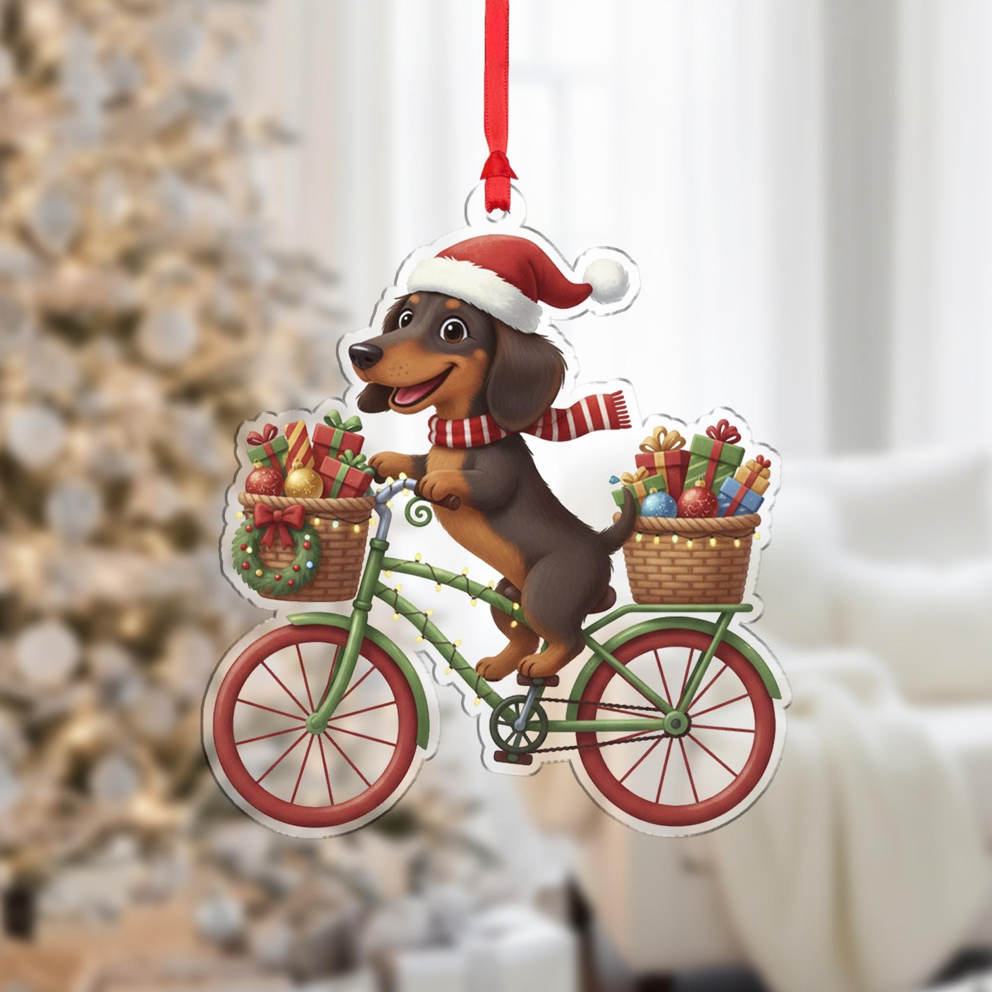 Personalized Dachshund Ornament: Christmas Dog on Bicycle with Gifts, Holiday Tree Decoration
