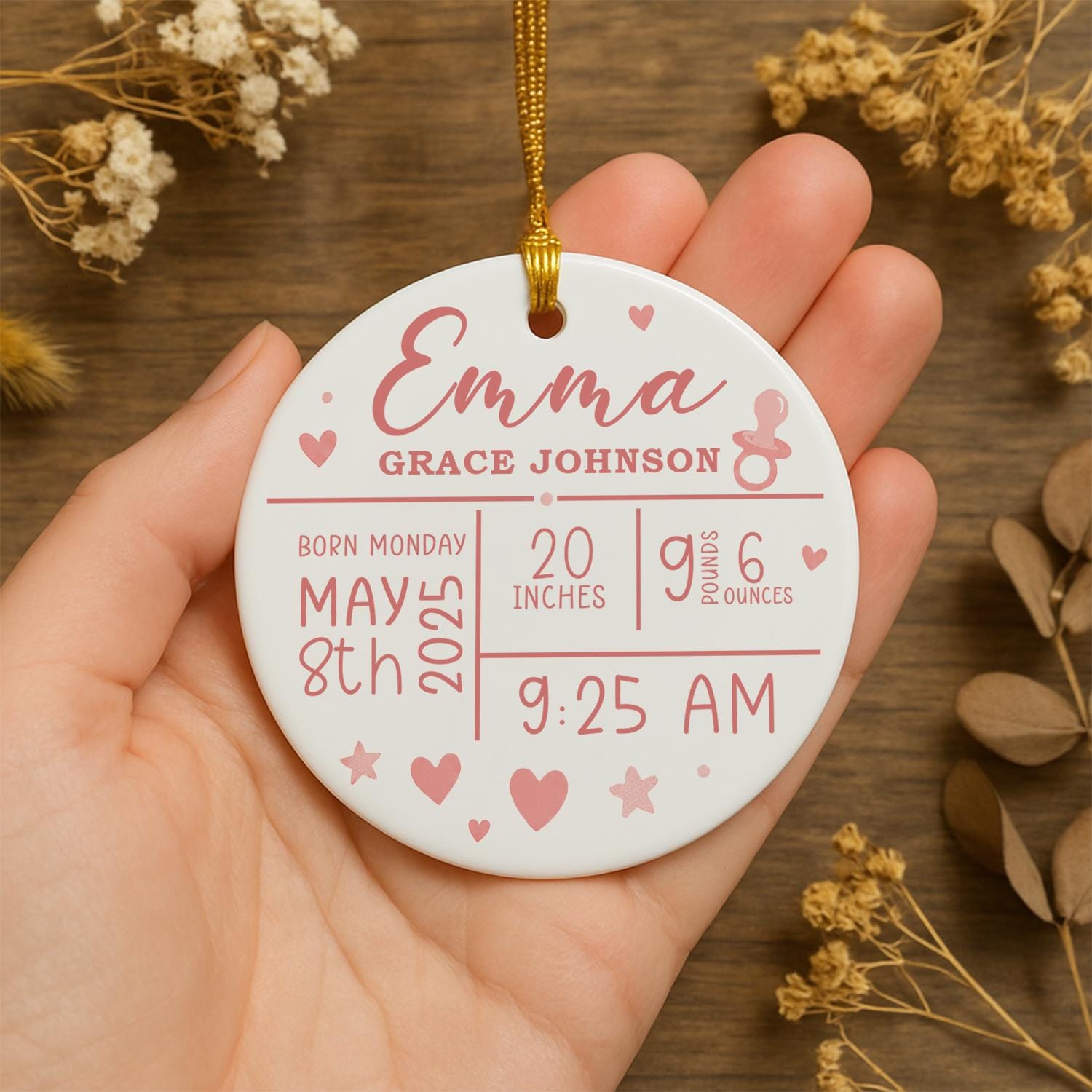 Personalized Baby Birth Stats Ornament – Custom Ceramic Keepsake Newborn Gift