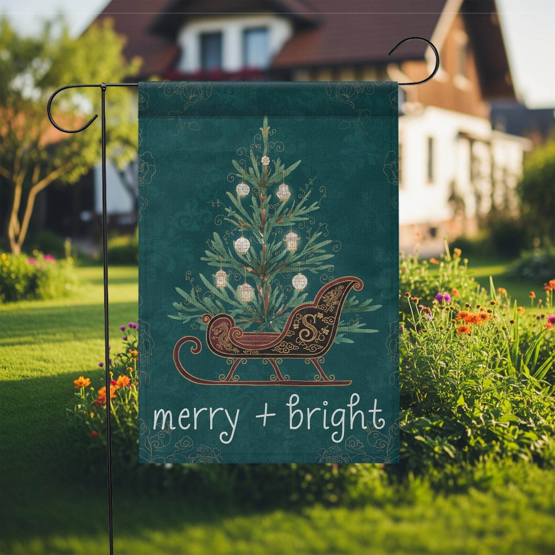 Custom Chinoiserie Christmas Garden Flag – Merry and Bright Outdoor Holiday Yard Decor