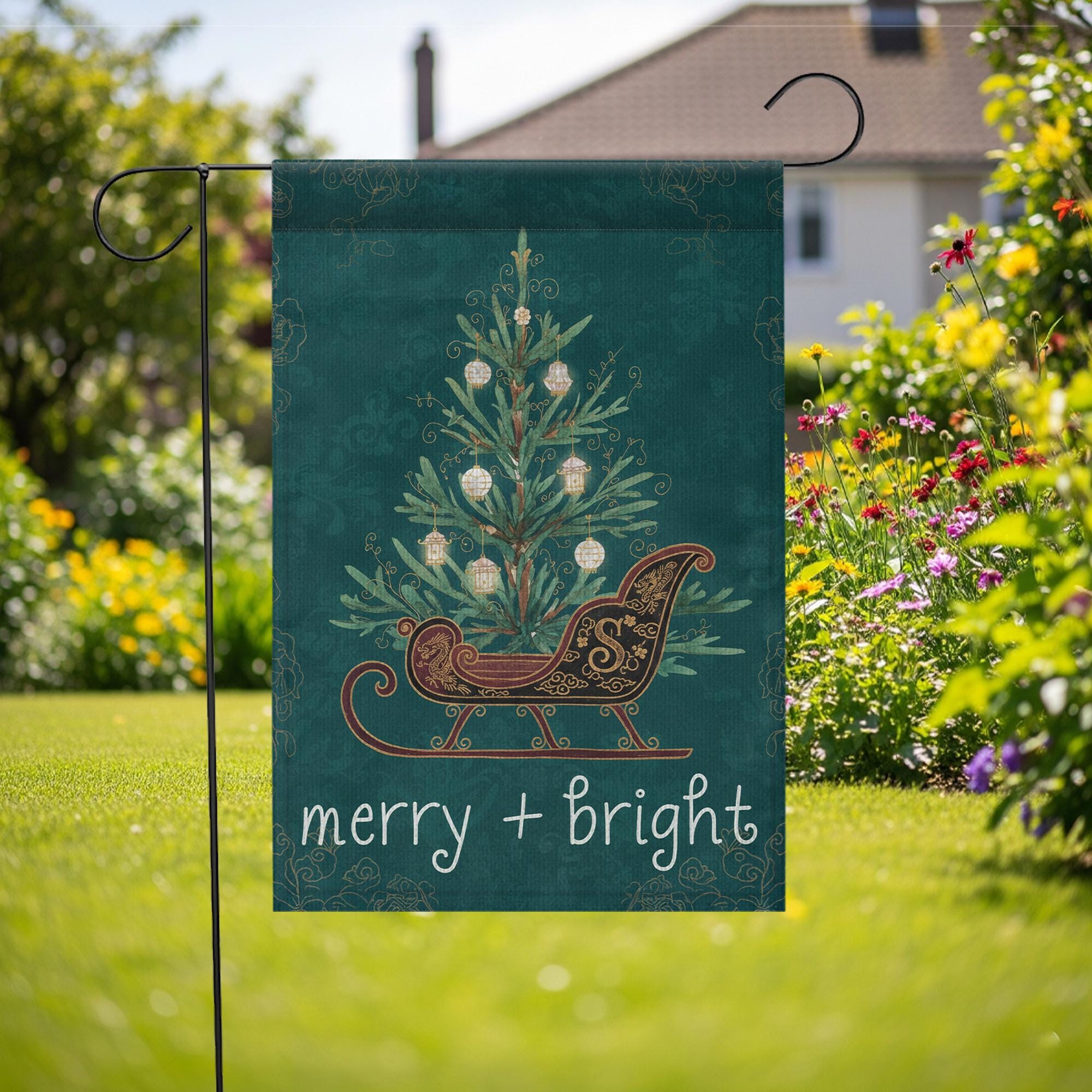 Custom Chinoiserie Christmas Garden Flag – Merry and Bright Outdoor Holiday Yard Decor