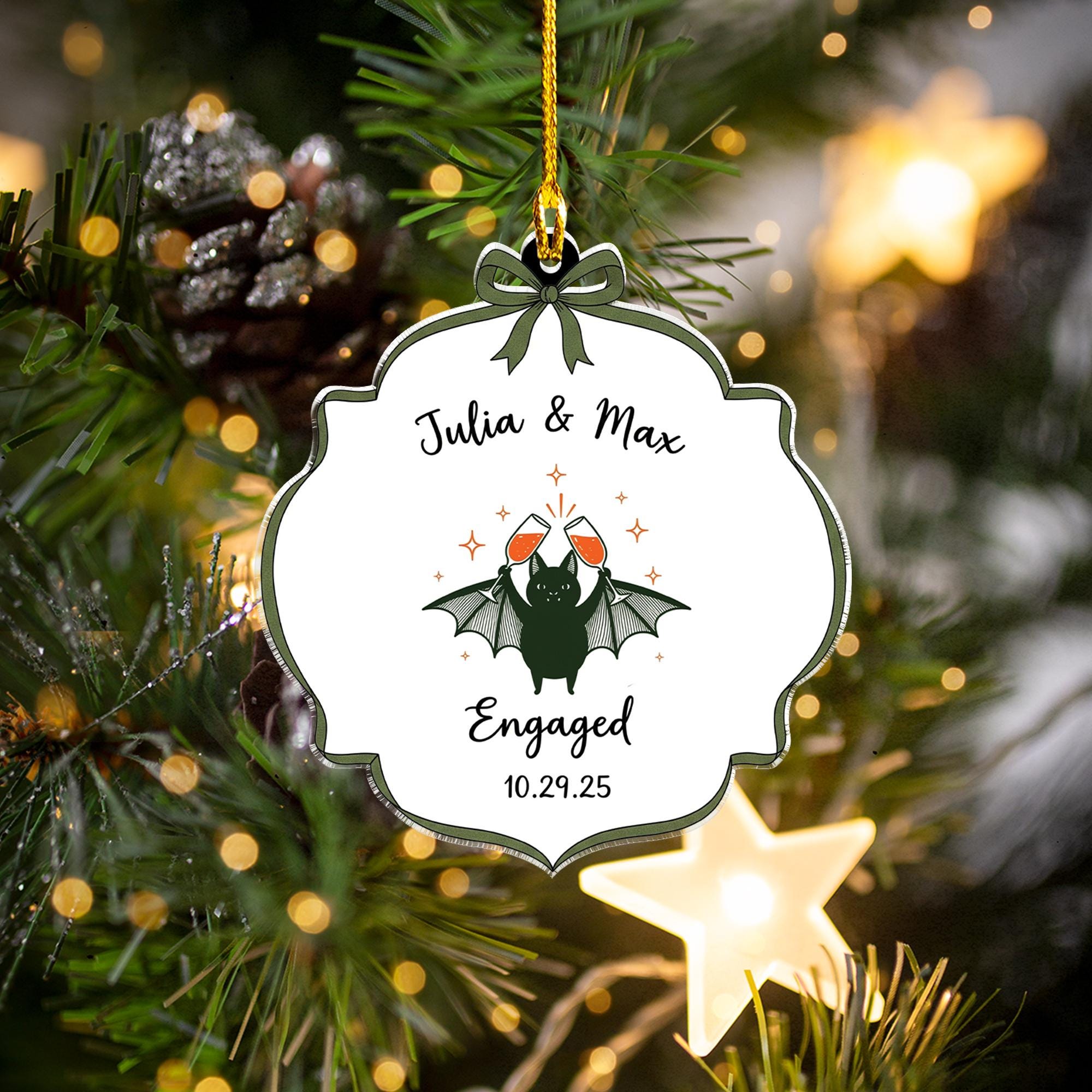 Custom Engagement Ornament | Personalized Bat Christmas Ornament | Gothic Wedding Gift | Engaged Couple Holiday Keepsake