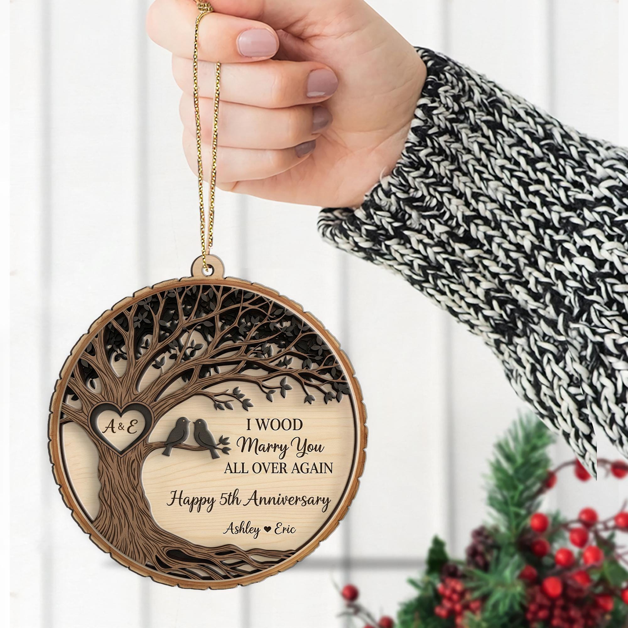 Custom Anniversary Ornament | Personalized Wooden Gift for Couples | 5th Anniversary Keepsake | Wedding Tree Ornament