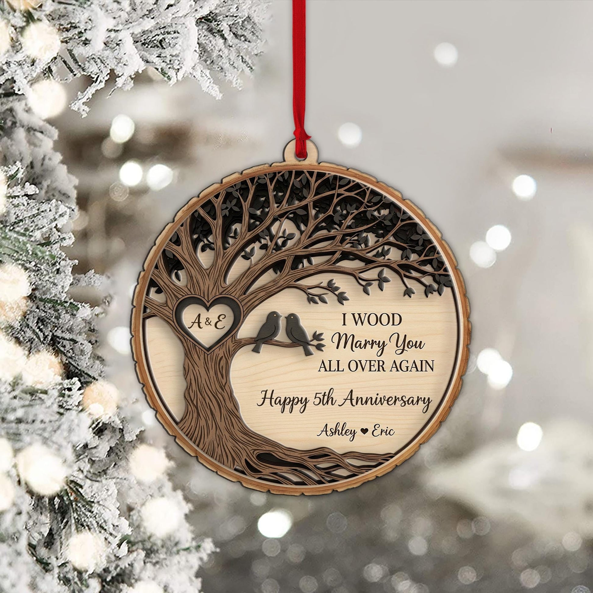 Custom Anniversary Ornament | Personalized Wooden Gift for Couples | 5th Anniversary Keepsake | Wedding Tree Ornament