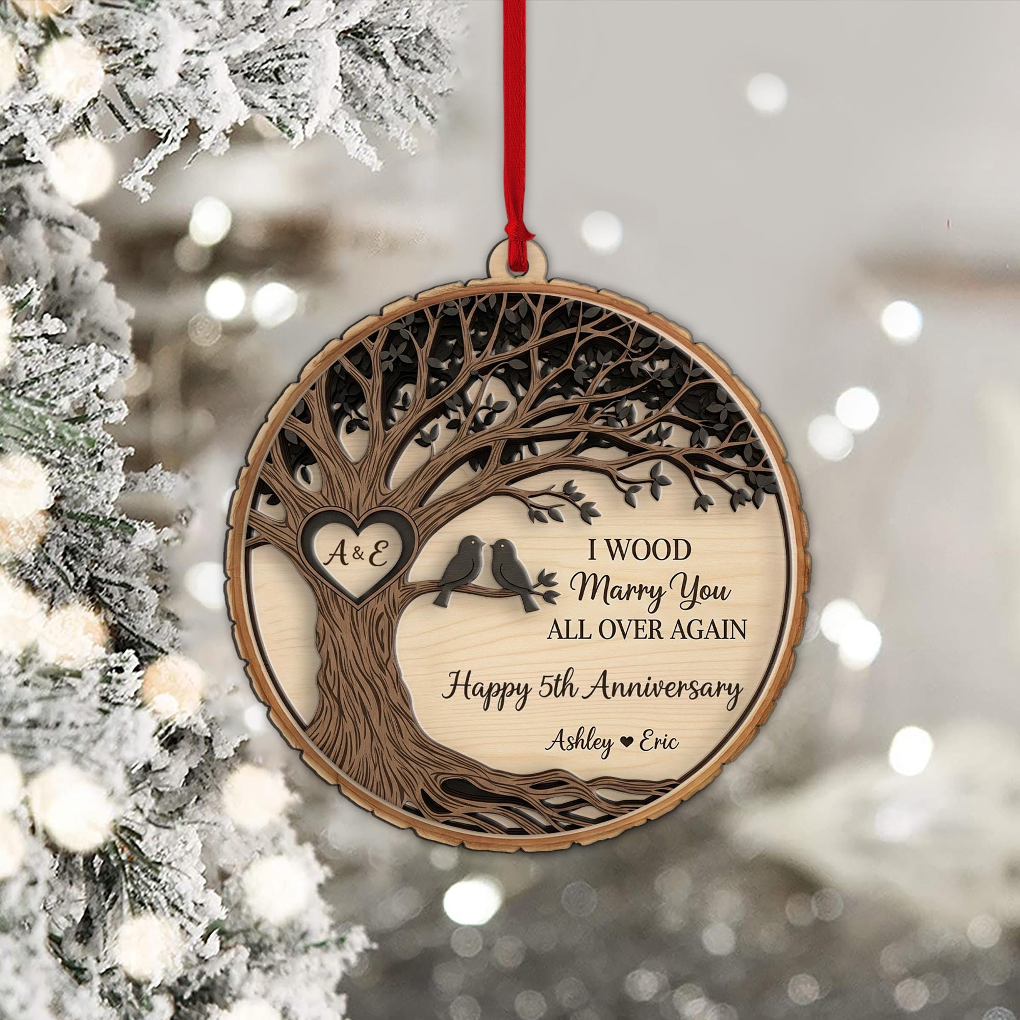Custom Anniversary Ornament | Personalized Wooden Gift for Couples | 5th Anniversary Keepsake | Wedding Tree Ornament