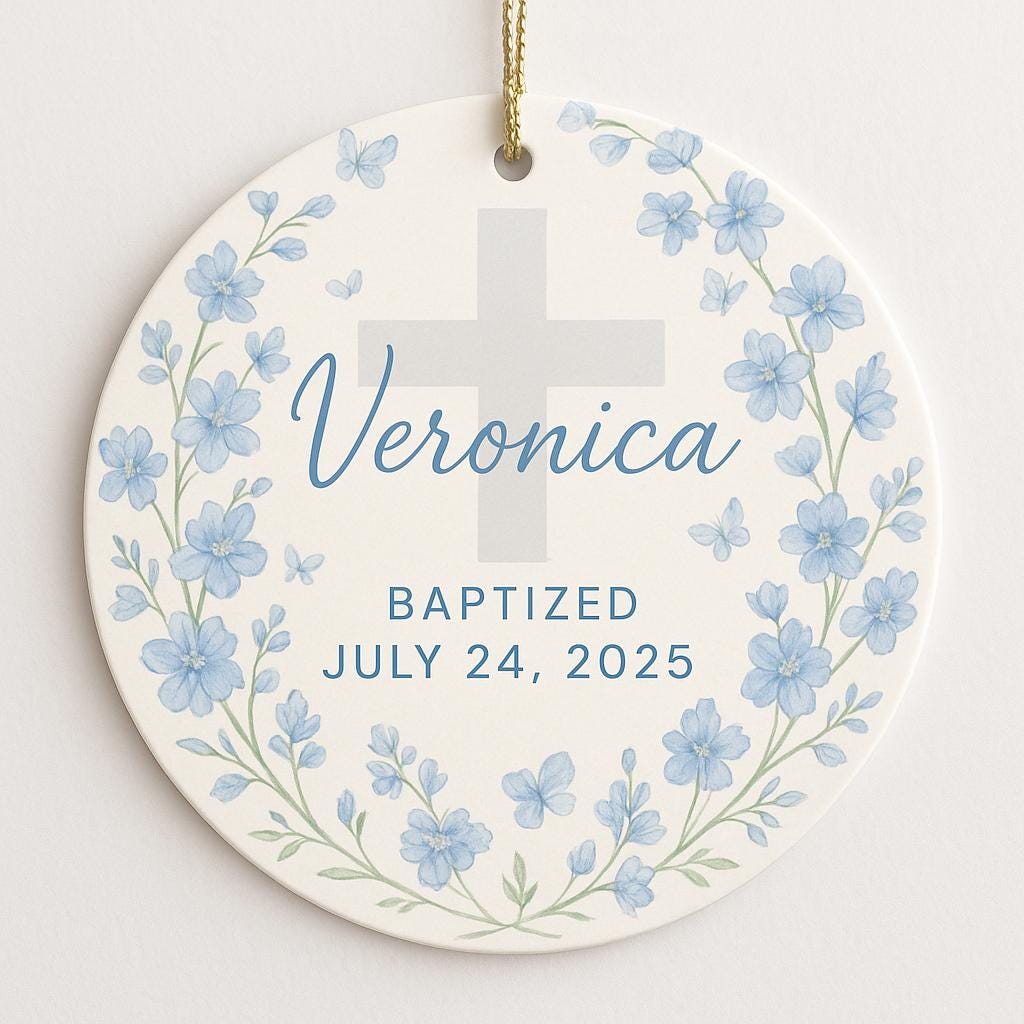 Personalized Baptism Birth Mothn Flower Ceramic Ornament: Baby Keepsake with Name and Date