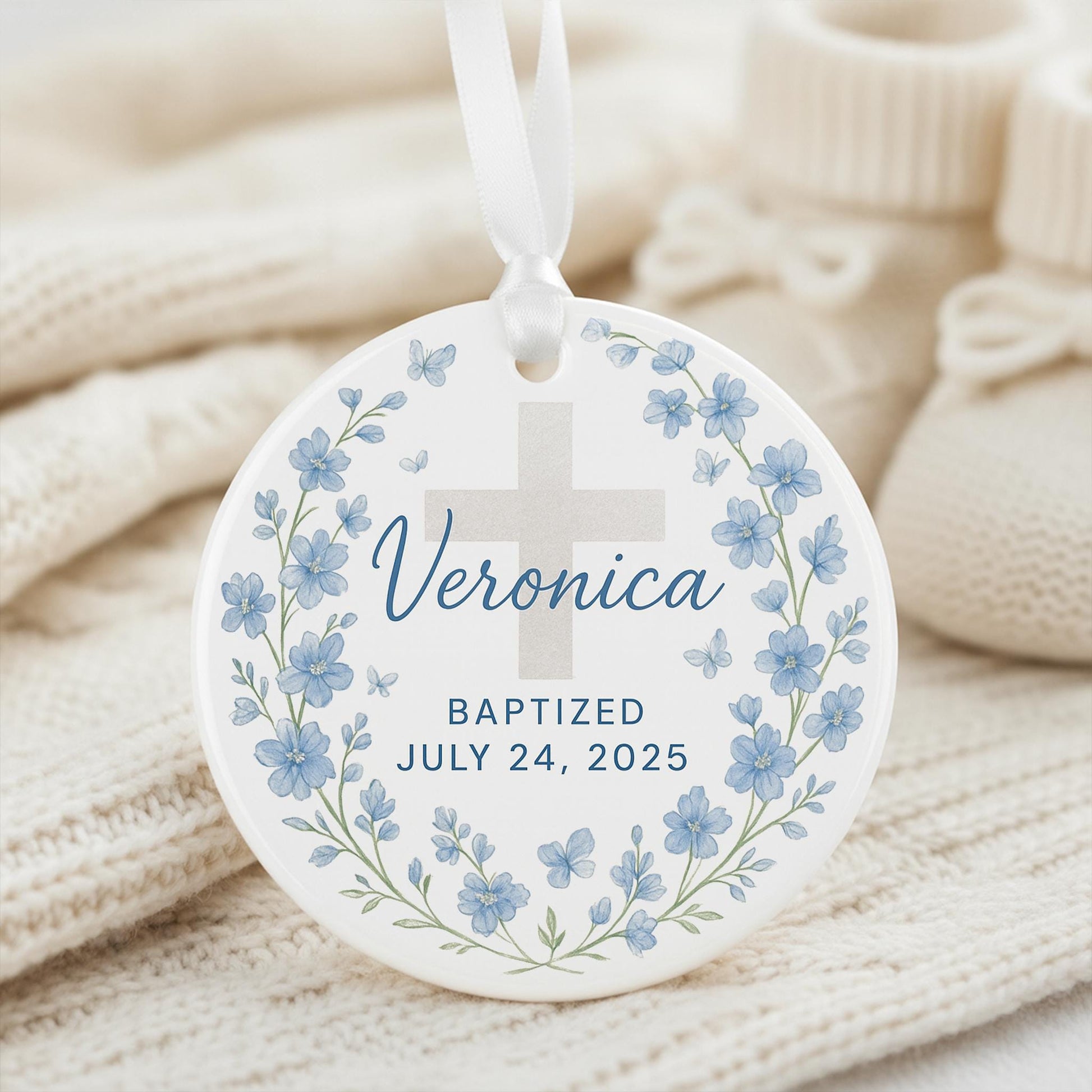 Personalized Baptism Birth Mothn Flower Ceramic Ornament: Baby Keepsake with Name and Date