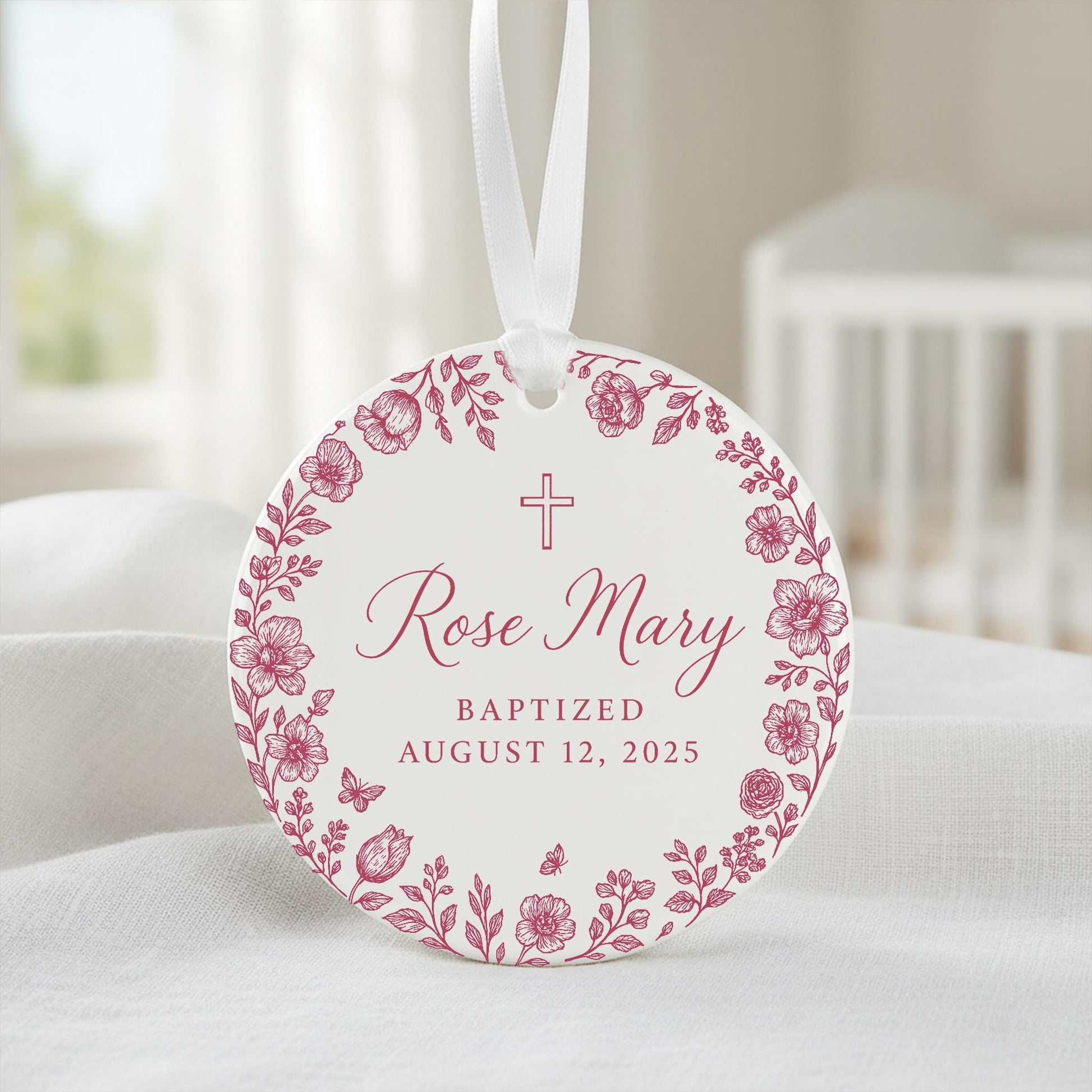Personalized Baptism Ceramic Christening Ornament, New Baby Girl Keepsake Custom Name and Date