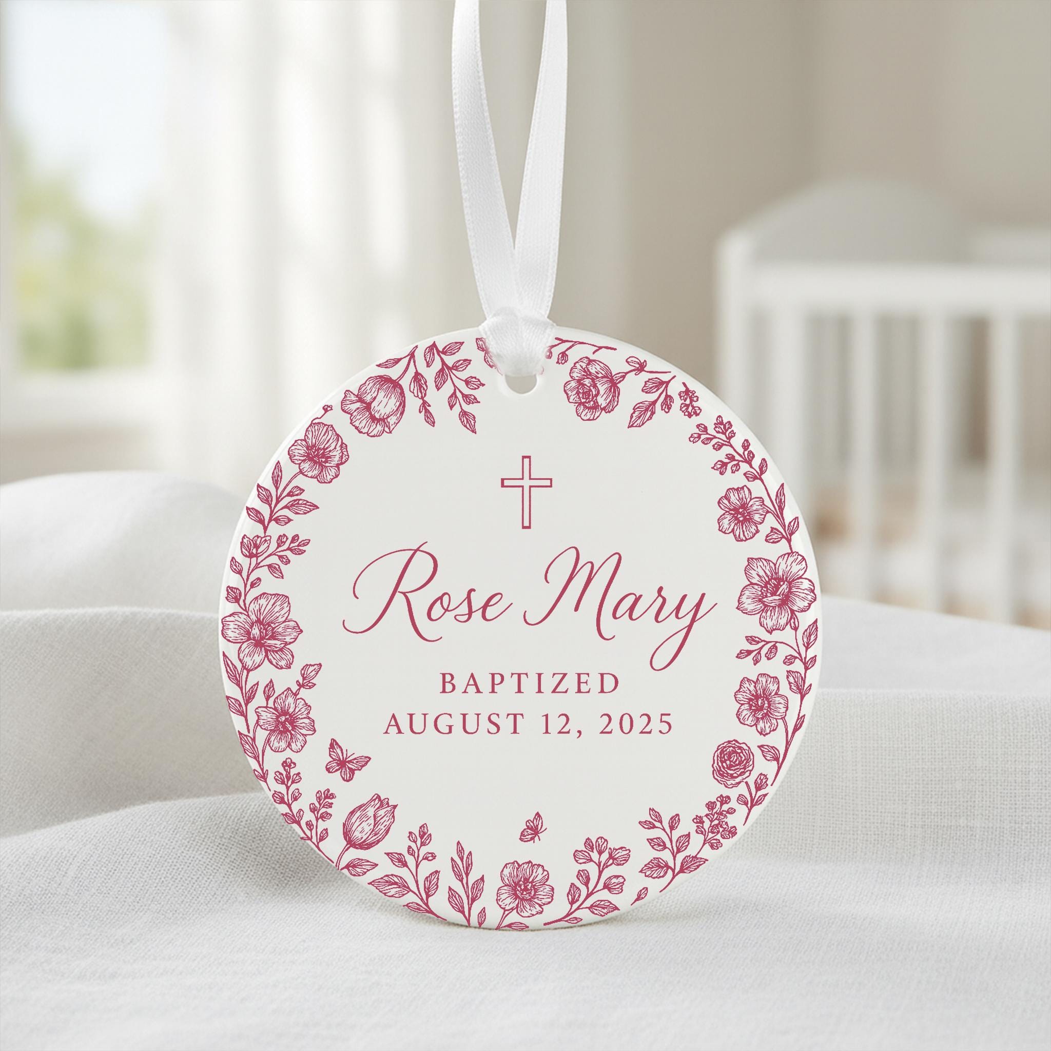 Personalized Baptism Ceramic Christening Ornament, New Baby Girl Keepsake Custom Name and Date