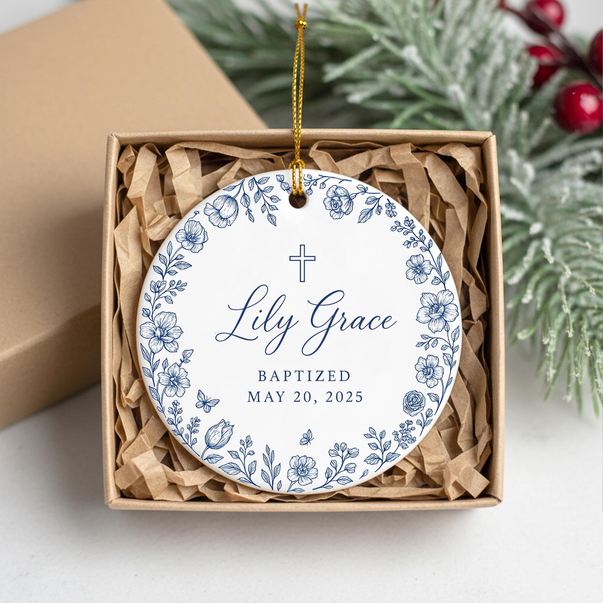 Personalized Baptism Ceramic Christening Ornament, New Baby Girl Keepsake Custom Name and Date