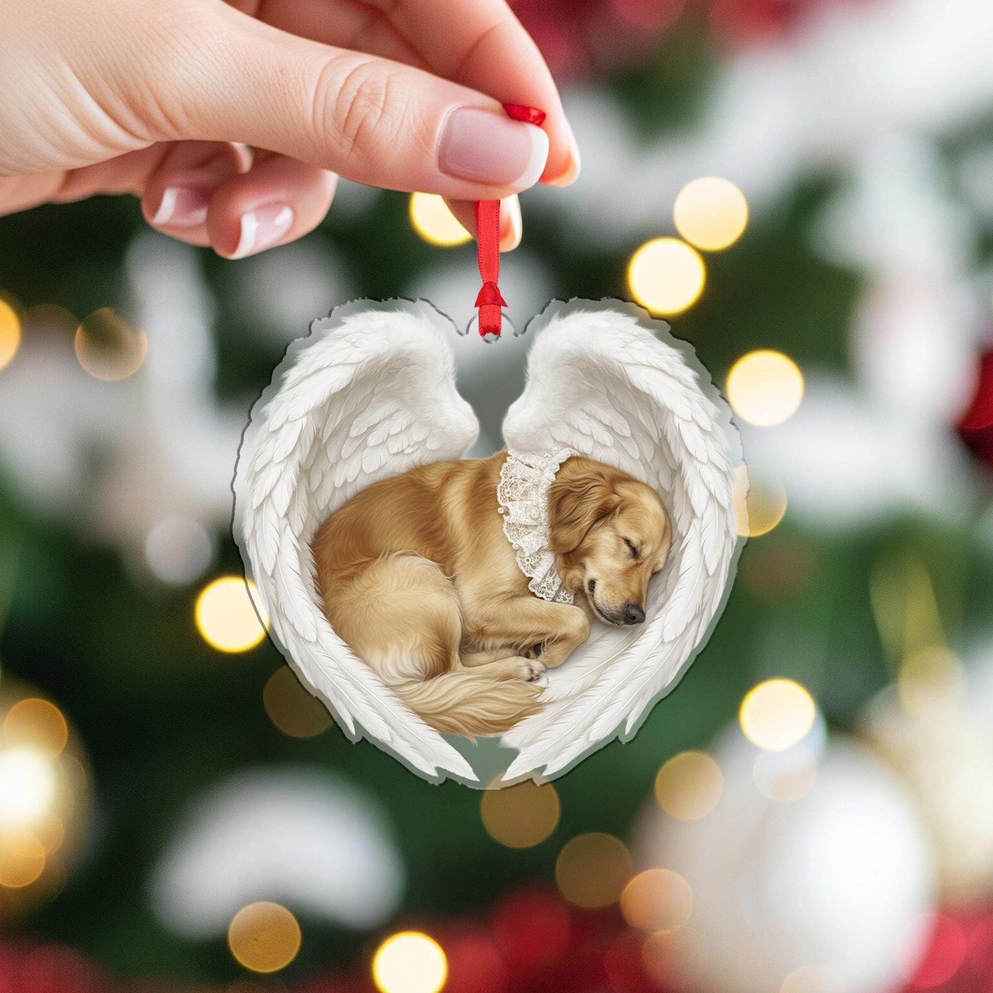 Personalized Pet Memorial Ornament – Dog with Angel Wings, Heart Shape, Christmas Decoration