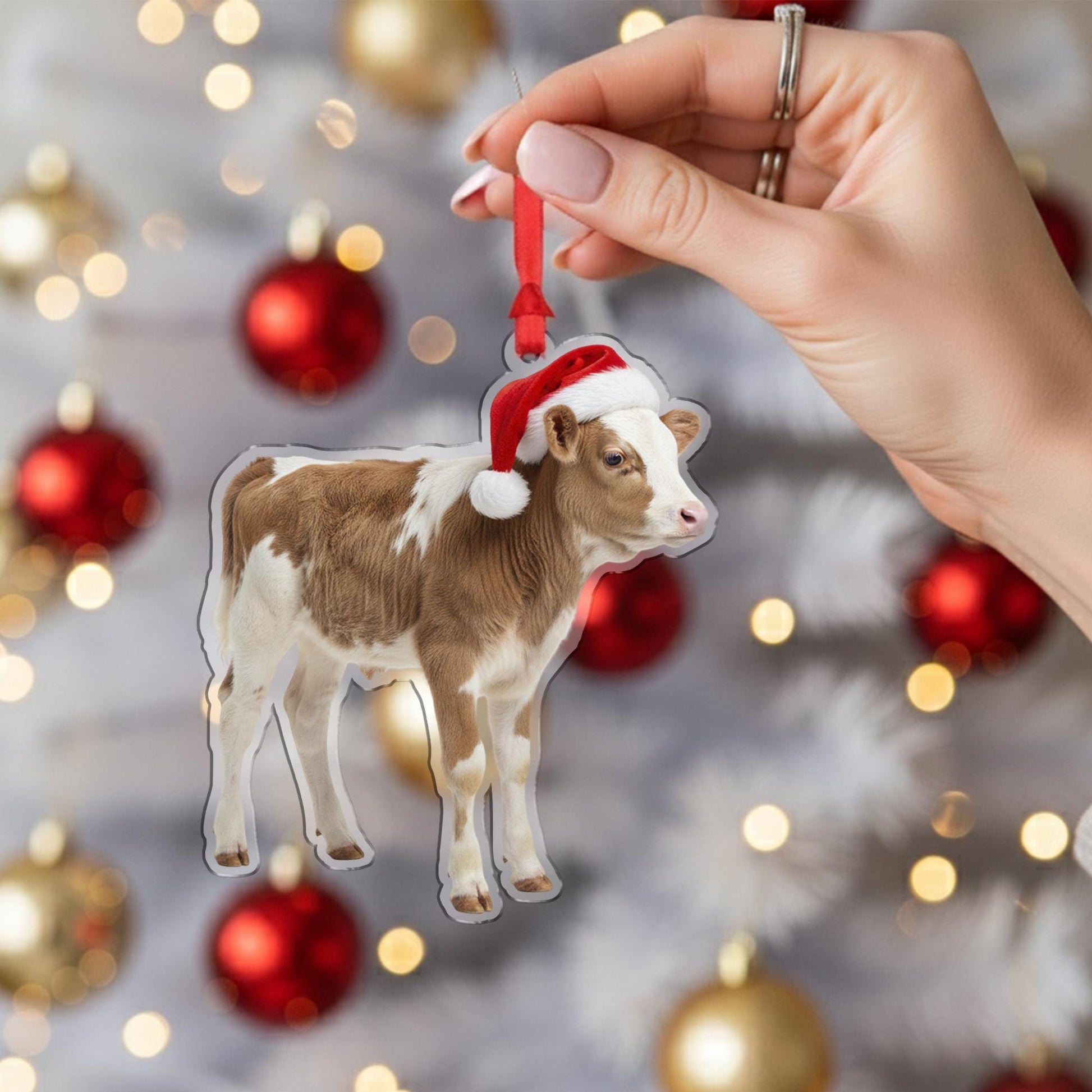 Cow Christmas Ornament – Acrylic Hanging Decoration with Santa Hat Design