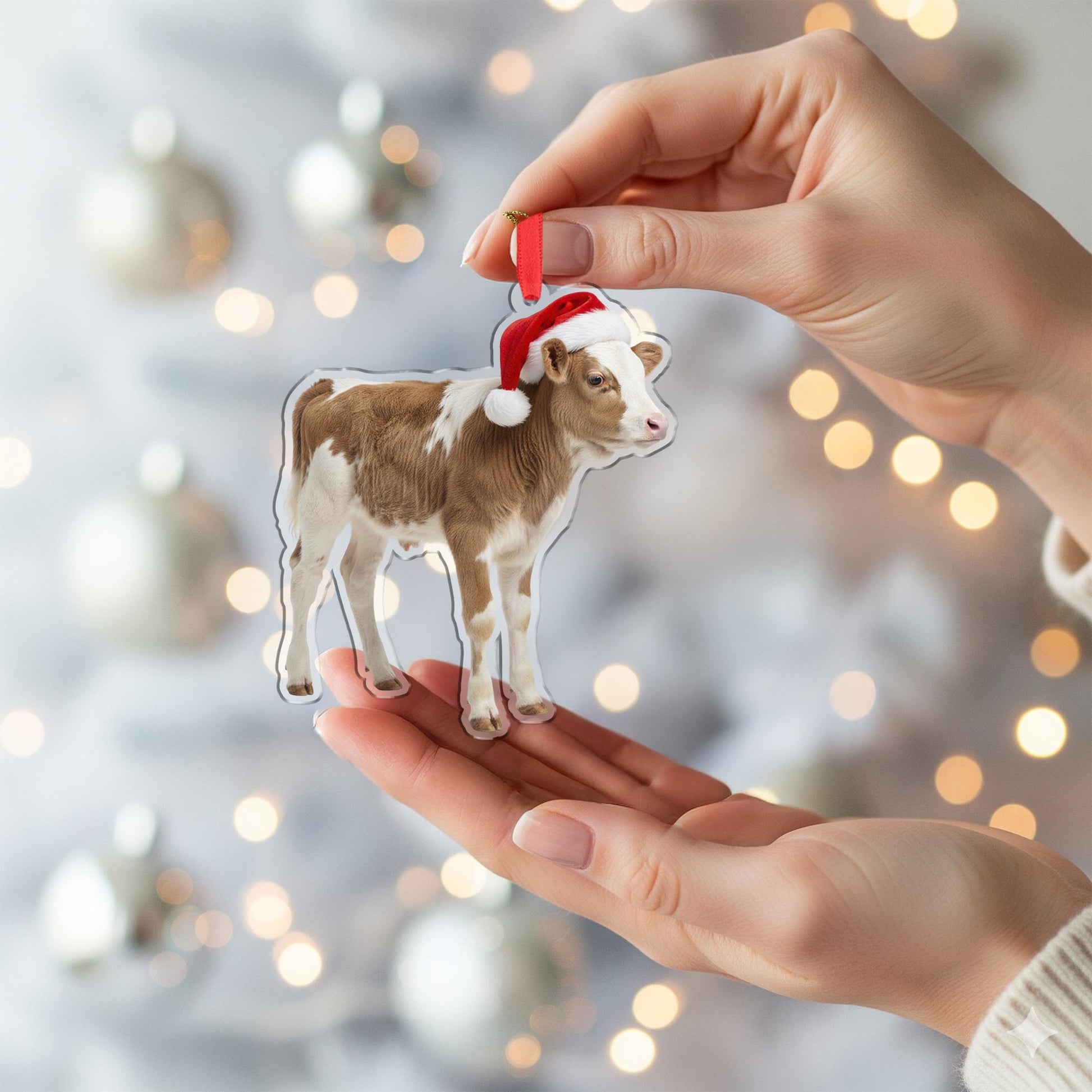 Cow Christmas Ornament – Acrylic Hanging Decoration with Santa Hat Design