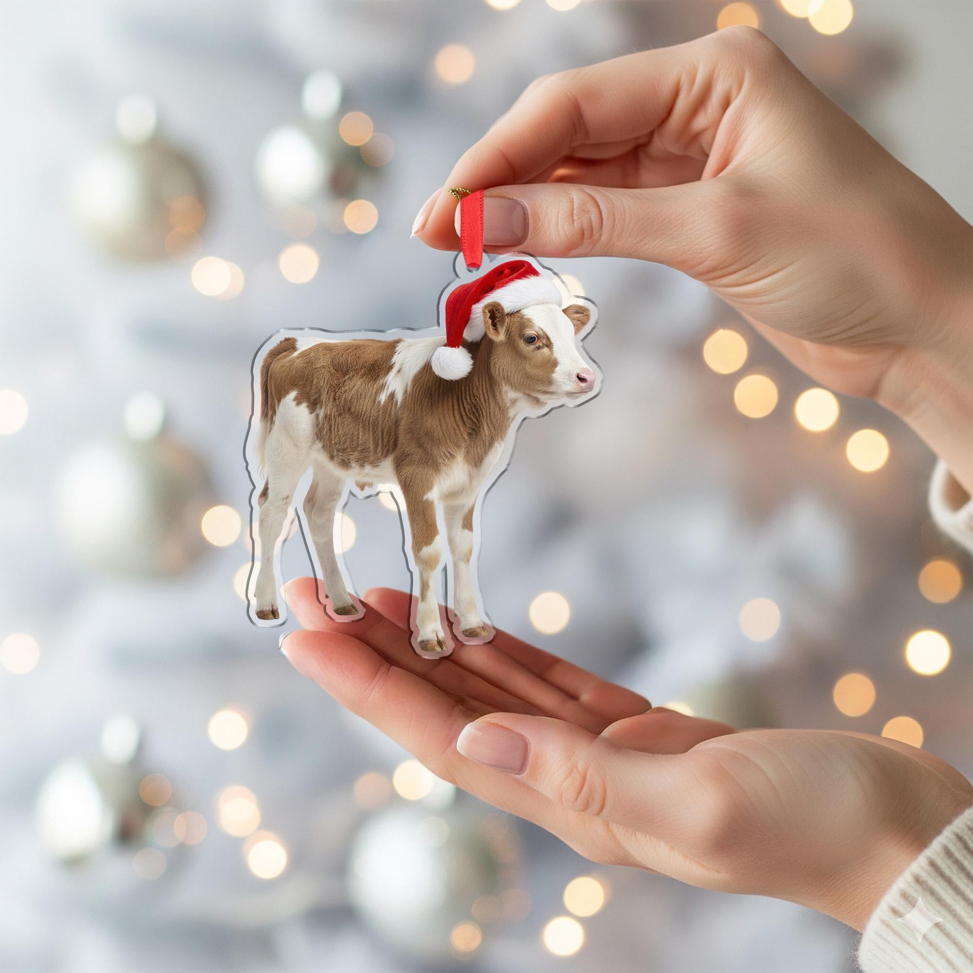 Cow Christmas Ornament – Acrylic Hanging Decoration with Santa Hat Design