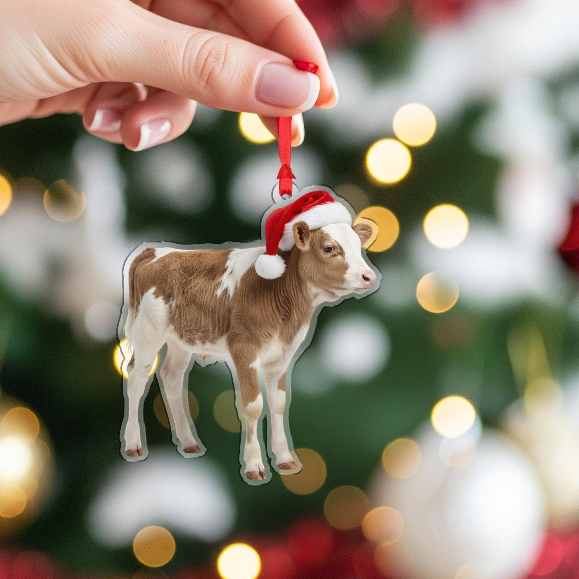 Cow Christmas Ornament – Acrylic Hanging Decoration with Santa Hat Design