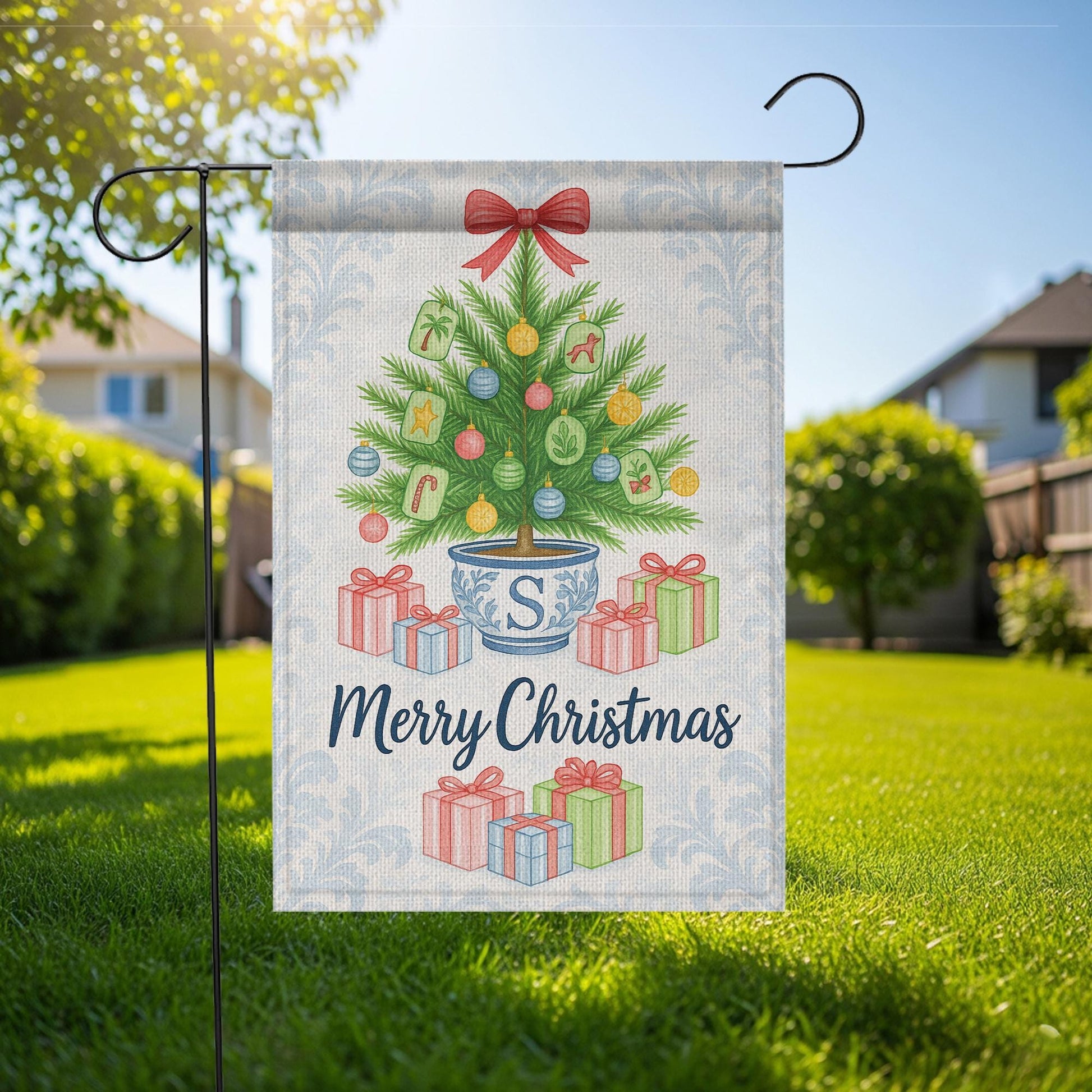 Custom Chinoiserie Christmas Garden Flag: Merry Mahjong Holiday Decor