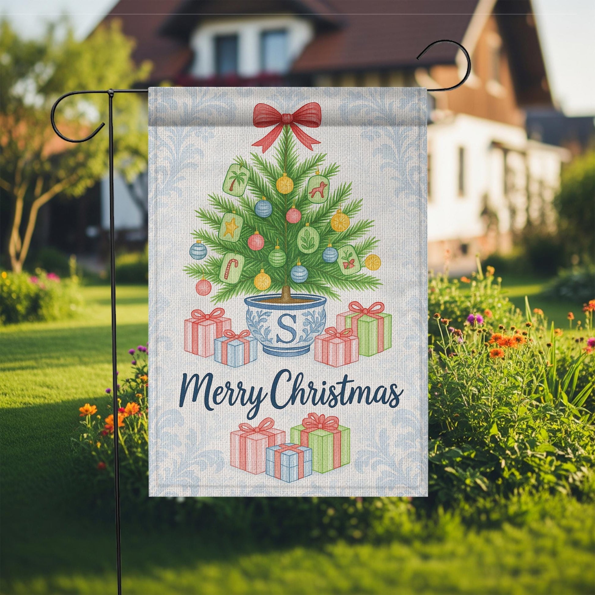 Custom Chinoiserie Christmas Garden Flag: Merry Mahjong Holiday Decor