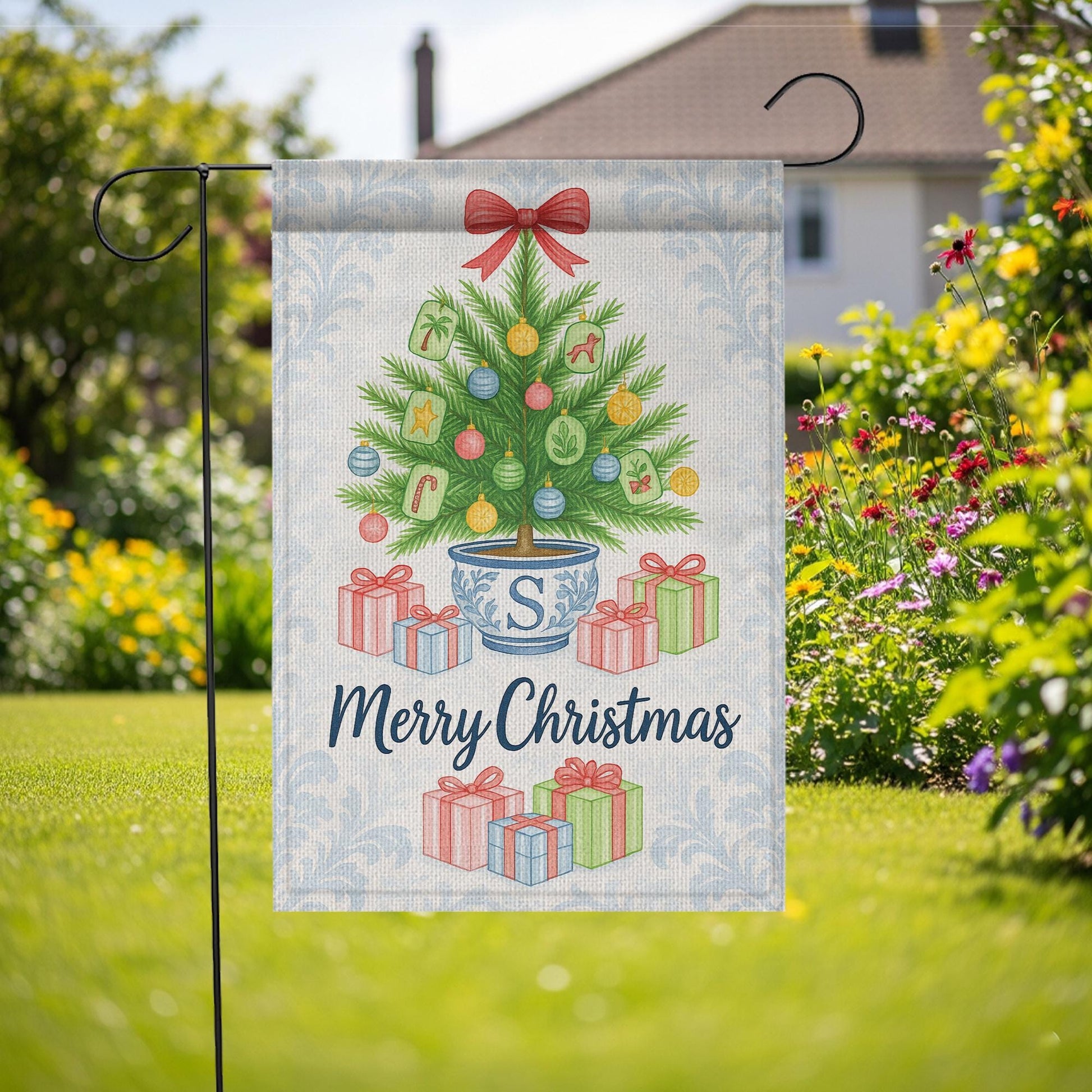 Custom Chinoiserie Christmas Garden Flag: Merry Mahjong Holiday Decor