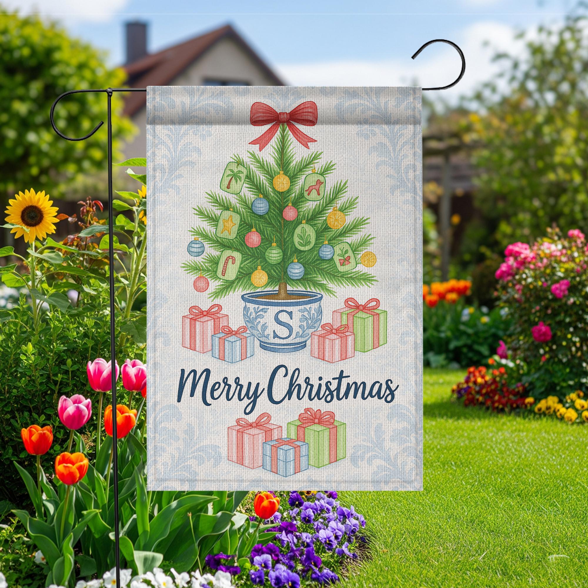 Custom Chinoiserie Christmas Garden Flag: Merry Mahjong Holiday Decor