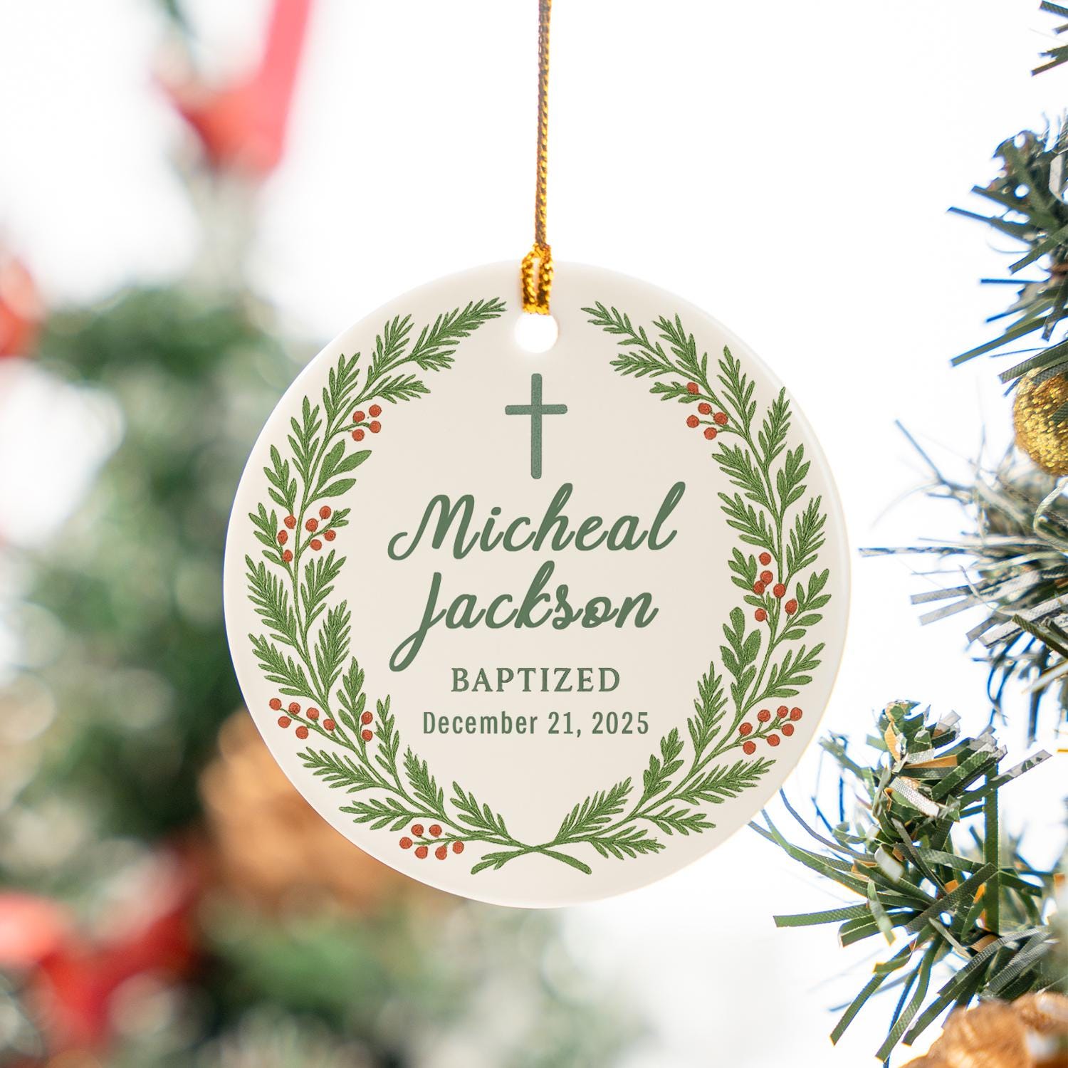 Baptism Ornament – Personalized Baby Name & Date Ceramic Keepsake with Cross