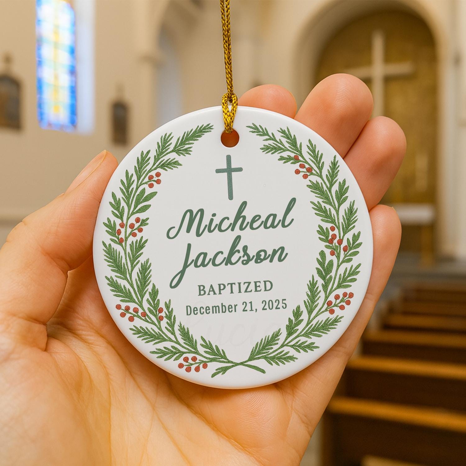 Baptism Ornament – Personalized Baby Name & Date Ceramic Keepsake with Cross