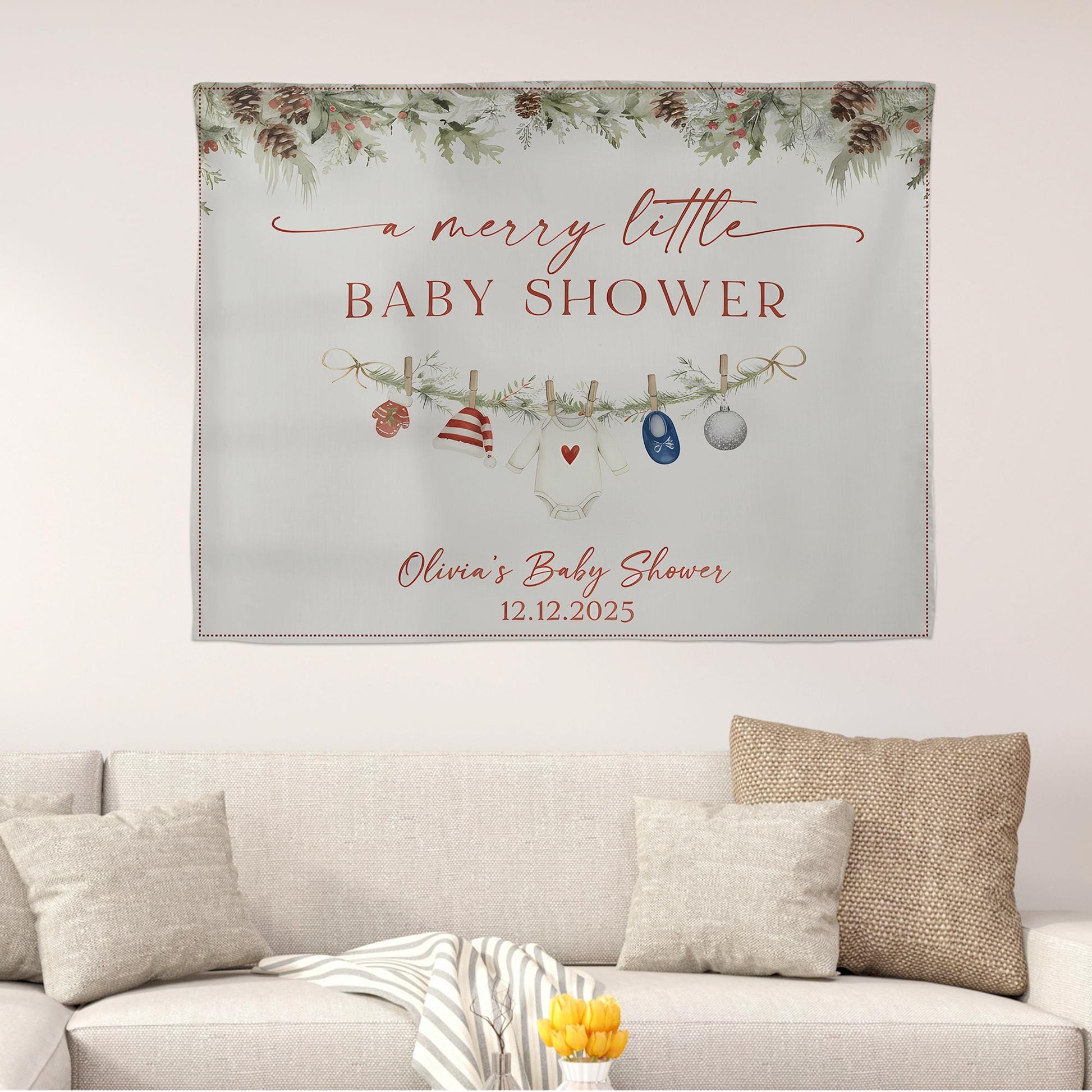 Winter Baby Shower Tapestry | Pine Decor Holiday Baby Banner