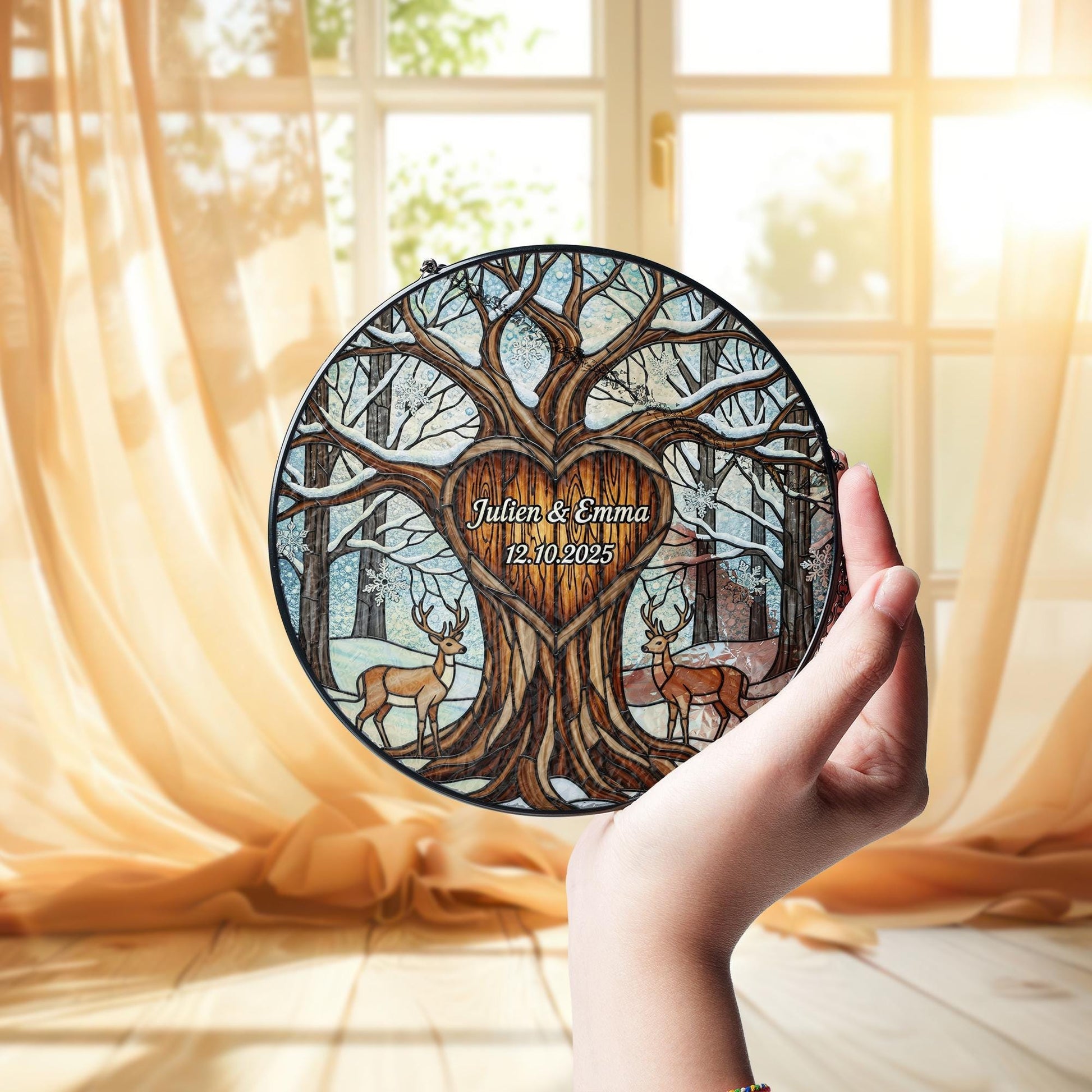 Custom Couple Glass Suncatcher | Personalized Tree of Life Wedding Gift | Anniversary Deer Glass Keepsake