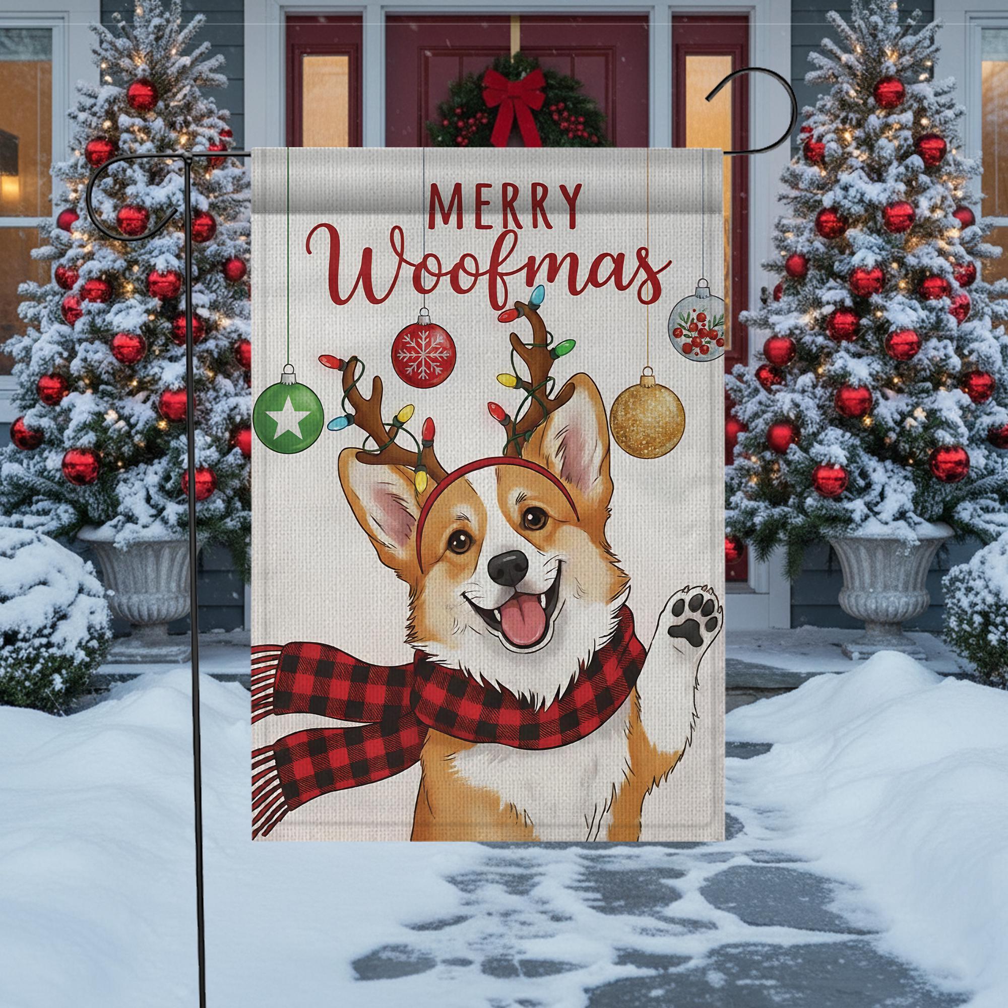 Corgi Christmas Garden Flag – Merry Woofmas Outdoor Yard Banner, Holiday Dog Decoration