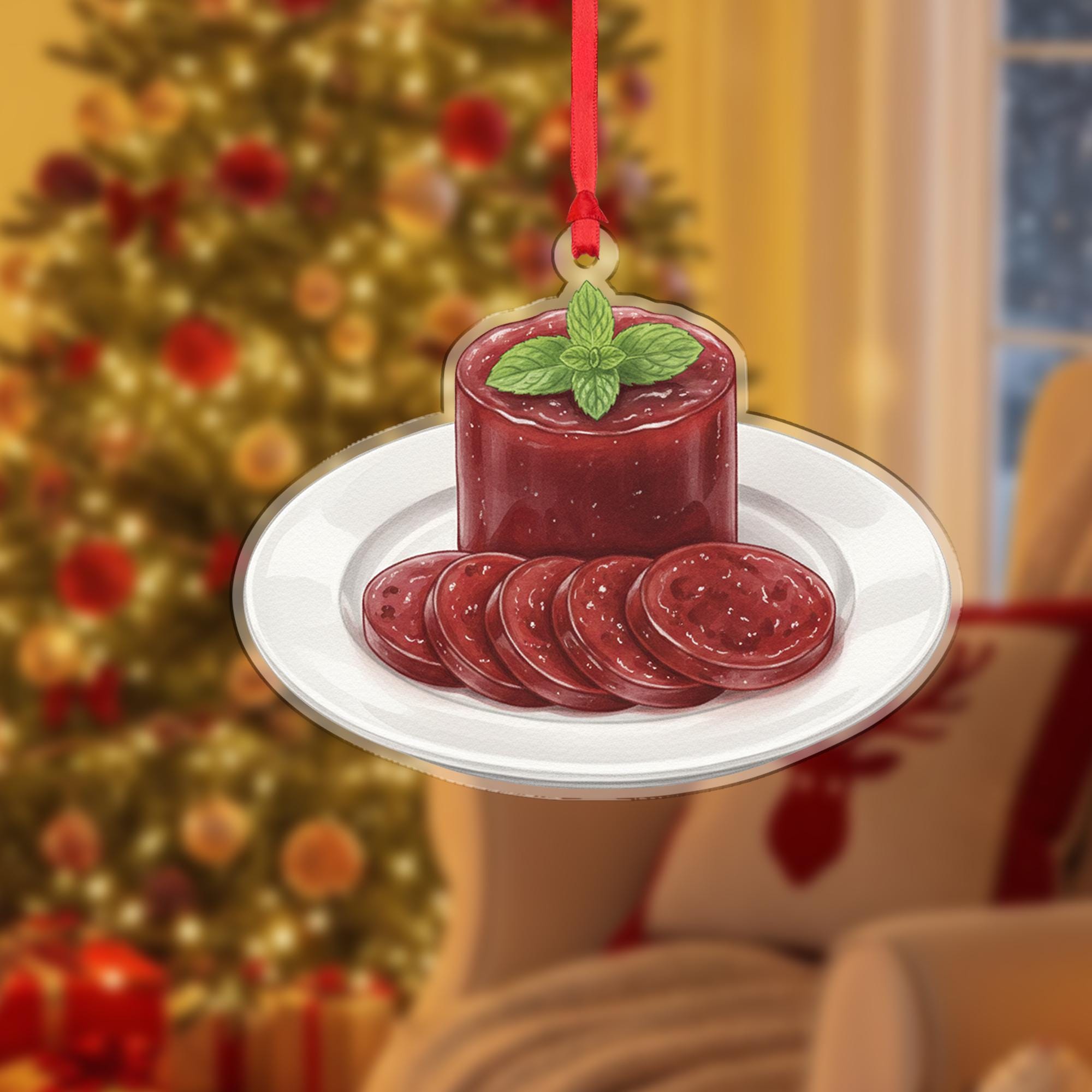 Cranberry Sauce Christmas Ornament – Acrylic Hanging Decoration with Holiday Plate Design