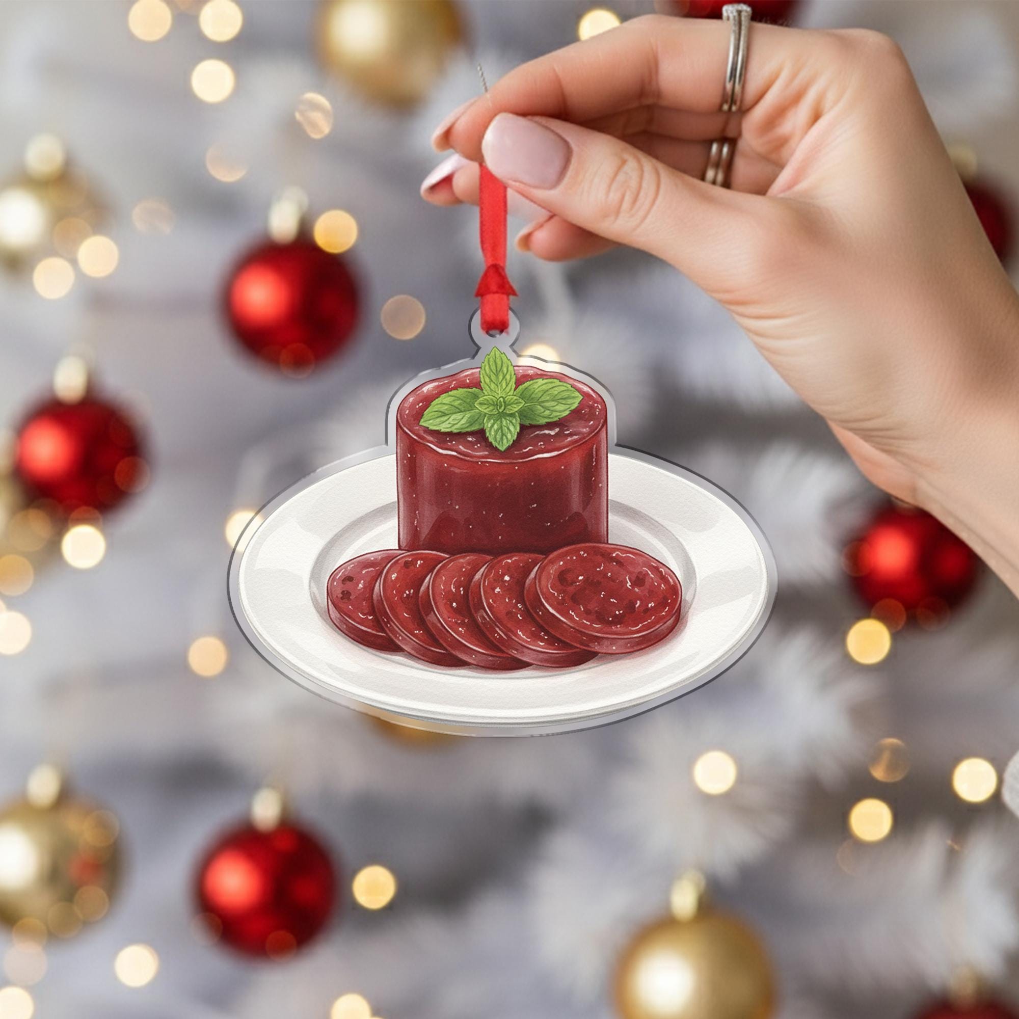 Cranberry Sauce Christmas Ornament – Acrylic Hanging Decoration with Holiday Plate Design