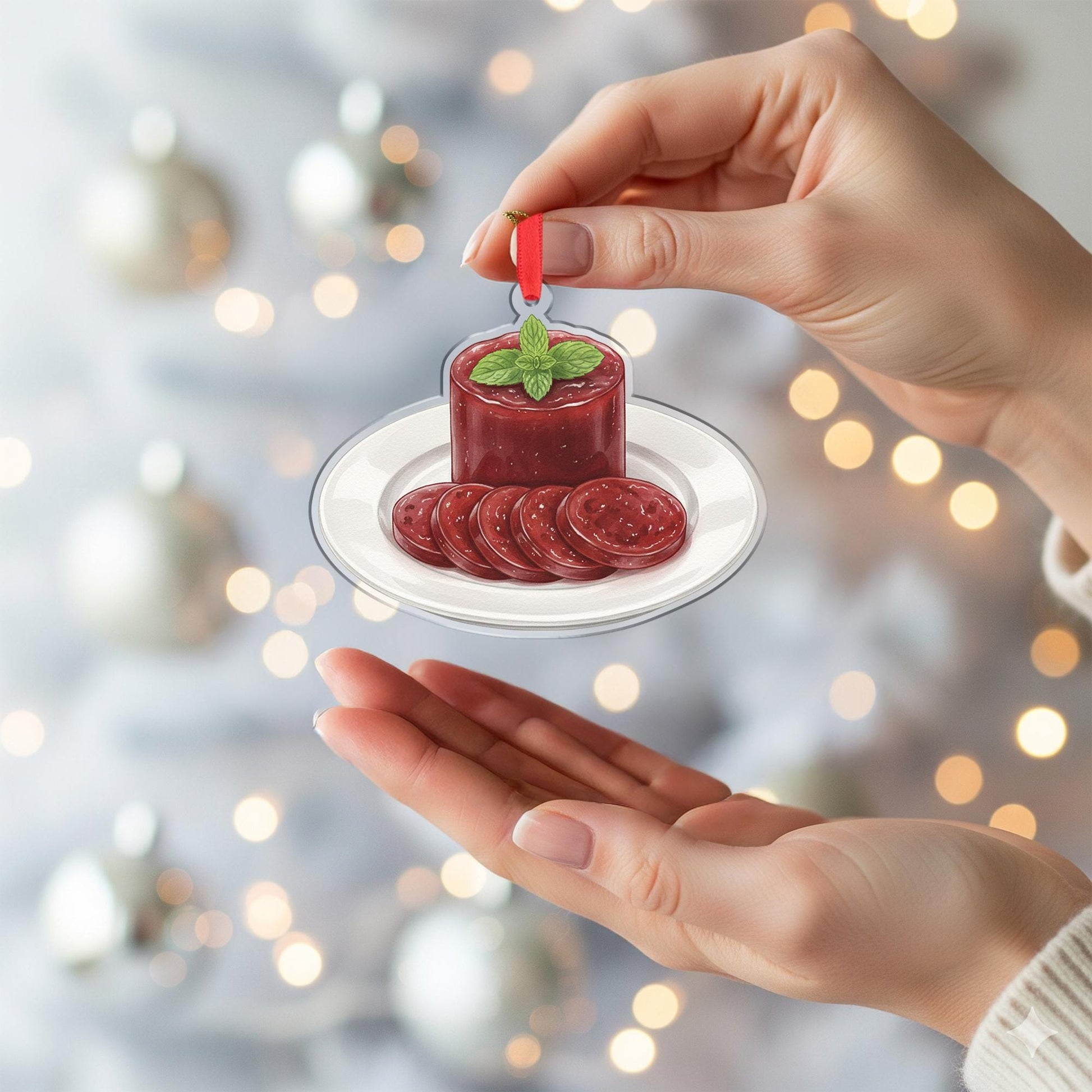 Cranberry Sauce Christmas Ornament – Acrylic Hanging Decoration with Holiday Plate Design